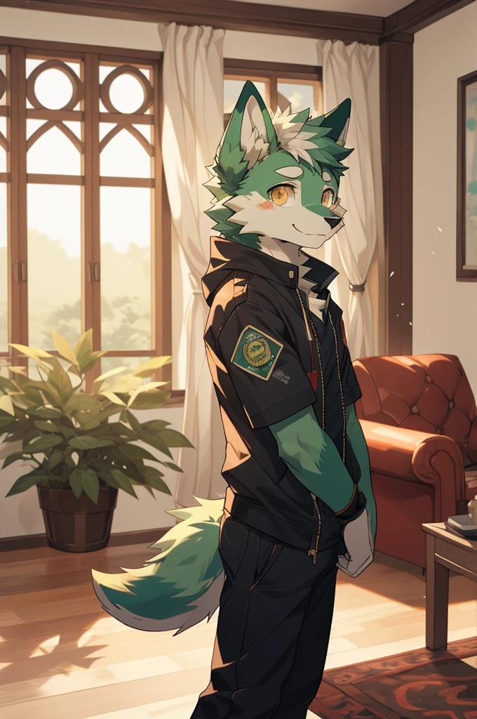 (highest resolution, Dynamic HDR, 4K, full HD) , furry, 18 years old, green fur wolf, green body, yellow eyes, Random clothes, shrink, bodyส่วนบน, round_cornea, Sad smiling face, cute, living room, slim_body