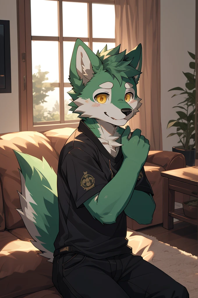 (highest resolution, Dynamic HDR, 4K, full HD) , furry, 18 years old, green fur wolf, green body, yellow eyes, Random clothes, shrink, bodyส่วนบน, round_cornea, Sad smiling face, cute, living room, slim_body
