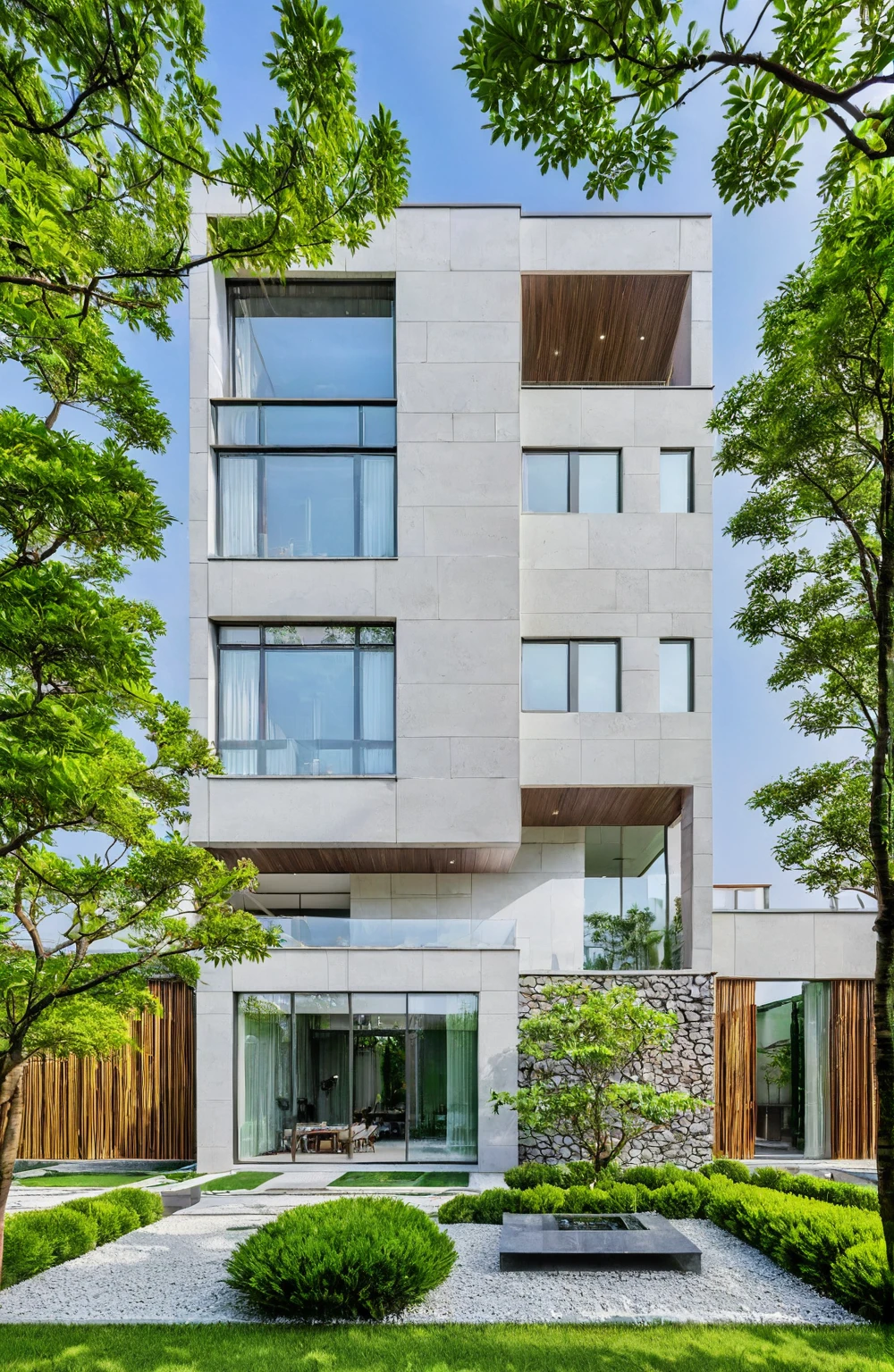 qlcd,tingyuan, photo of modern villa, grassland, garden, shrubs and trees, rock decoration, clear sky, sun light, realistic photo