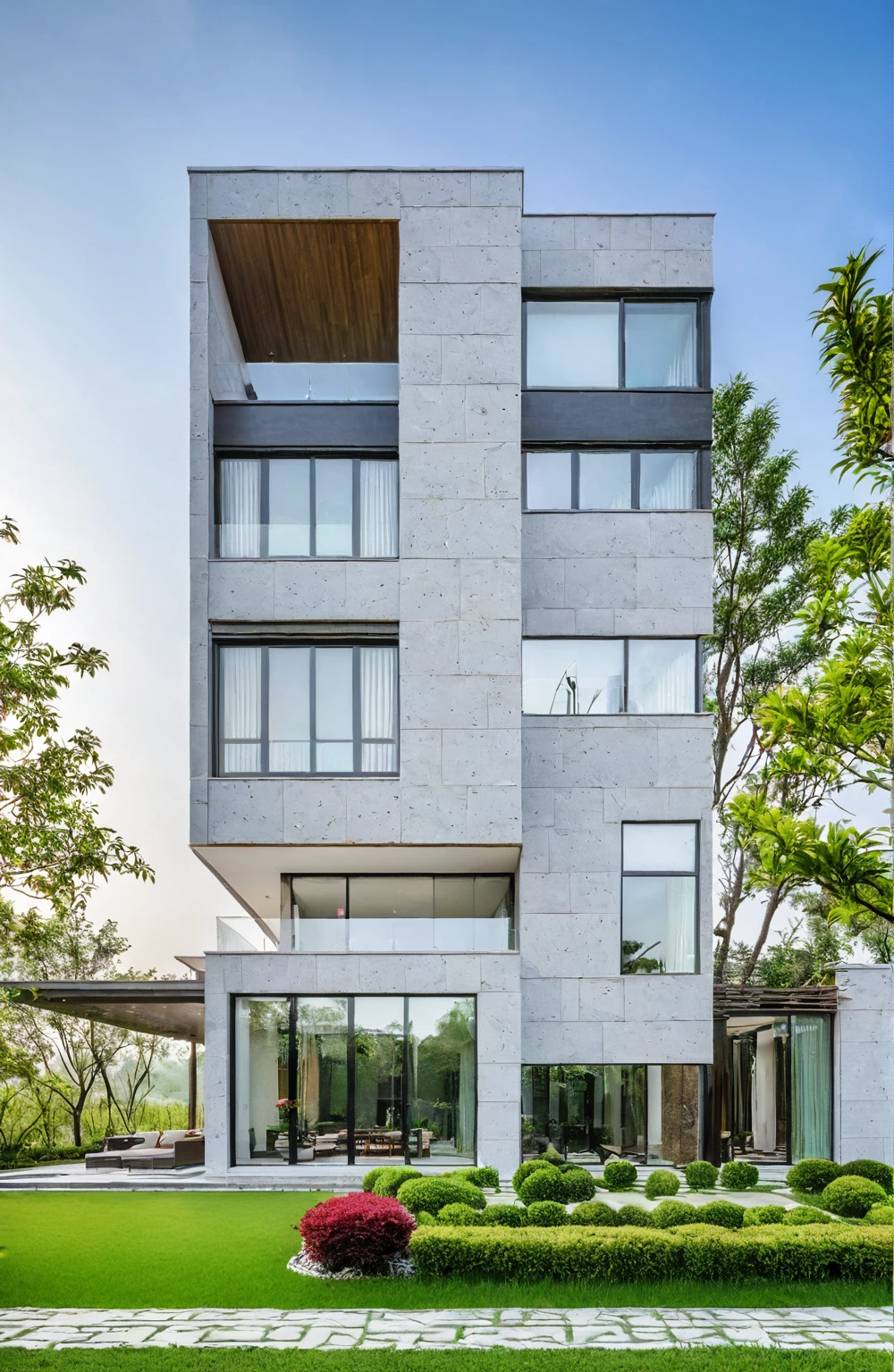 qlcd,tingyuan, photo of modern villa, grassland, garden, shrubs and trees, rock decoration, clear sky, sun light, realistic photo