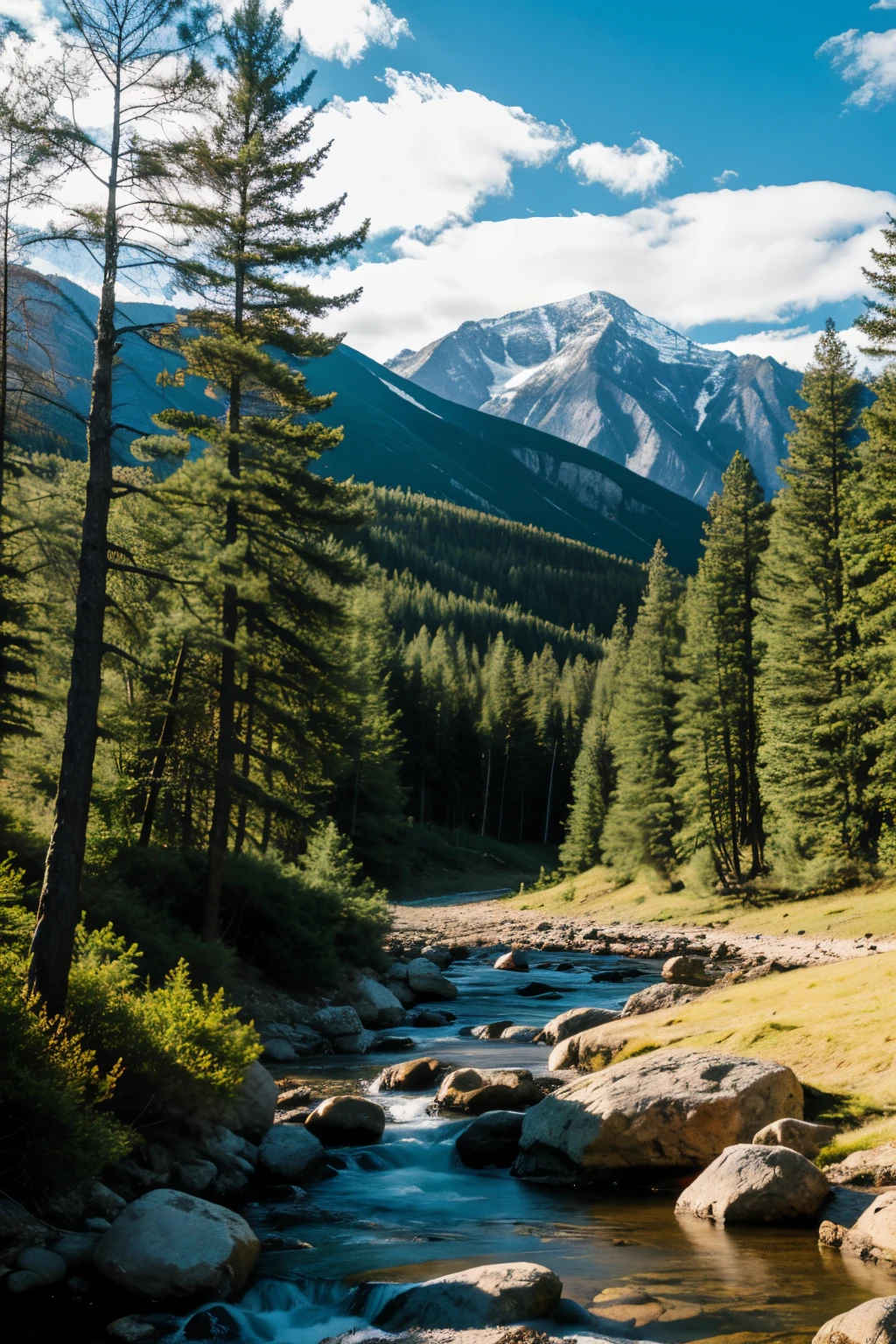 landscape with mountains, stream, Pine trees and clouds