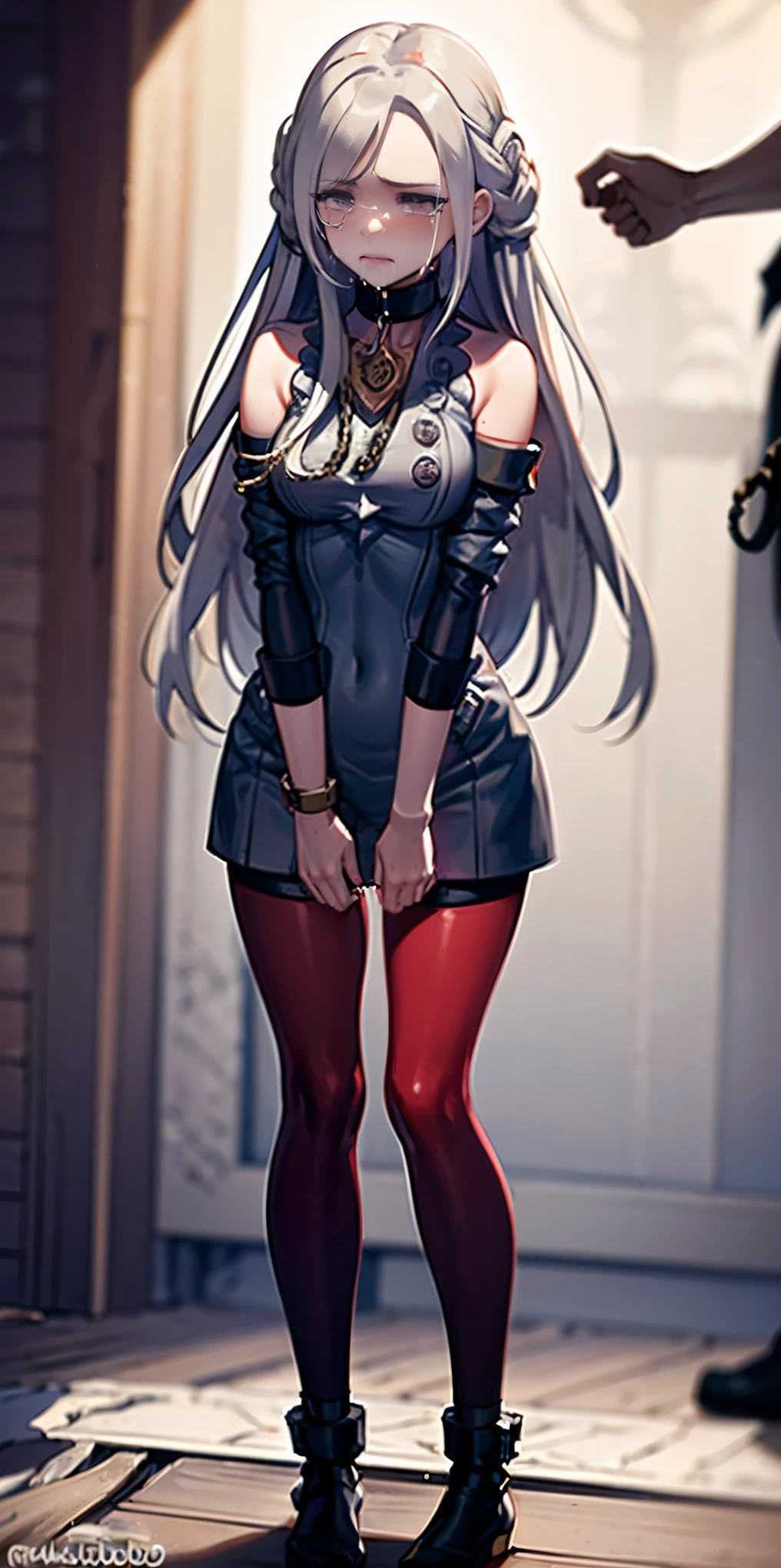 (Masterpiece, Best Quality), intricate details, 1 girl, 1 girl in, edad19, Alone, wide, colossal, looking at the viewer, by rubio, alexis texas (Standing full length, from head to toe by a wooden post.:1.2) iron necklace, arms behind the back, iron fists, shackles, tied, bondage suit, leverage, o ring, bondage suit blindfolded, happy Red cheeks, chain leash collar choker neck bell shackles wristbands bracers bracelets, Slit jaw, Sad face, Red cheeks, crying tears, Painful (She was sold and betrayed by her own family)