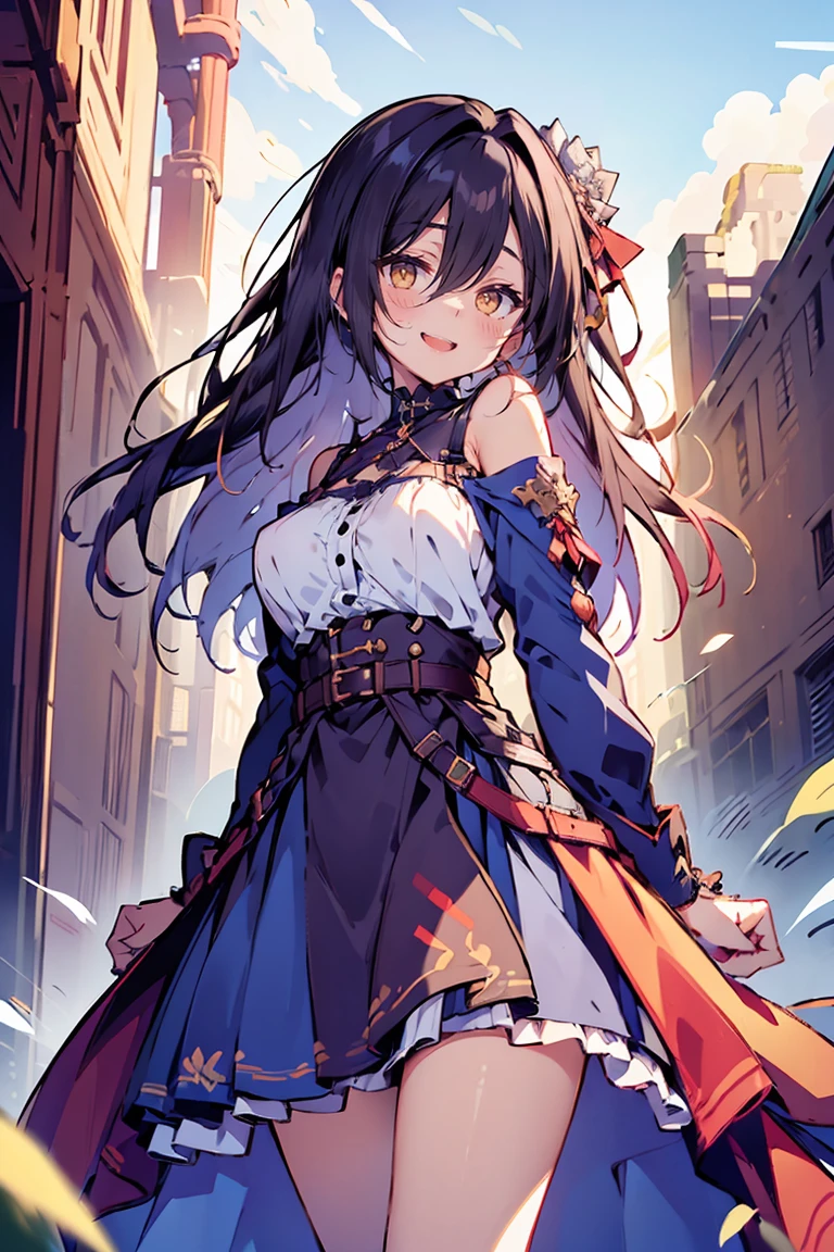 1girl in, Solo, Ultra-realistic hair quality, colorful, Up-close, girl with((black hair, Vibrant colors, Young Girl,  old girl, Beautiful long hair, Shiny hair, detailed hairs, Hair Ribbon, one side up, no sleeves, Sleeveless, open shoulders, camisole and dress, blue clothes, dress with panniers, belts, suspenders, dress, lace dress, long dress, lace underwear, skirt in dress, pannier in dress, torn dress, tattered dress, complete fingers, Five Fingers, two arms, two hands, tattoo, blue rose tattoo, Tattoo on the thigh, Relative area, metamorphosis is exposed, sexy breasts, big breasts, chest exposure, red blush, Sharp face, yellow eyes, Bare neck, Happy face, light smile)), background with((fantasy world, ruin, castle, beautiful sky, shining sky, sunshine, roman colosseum))