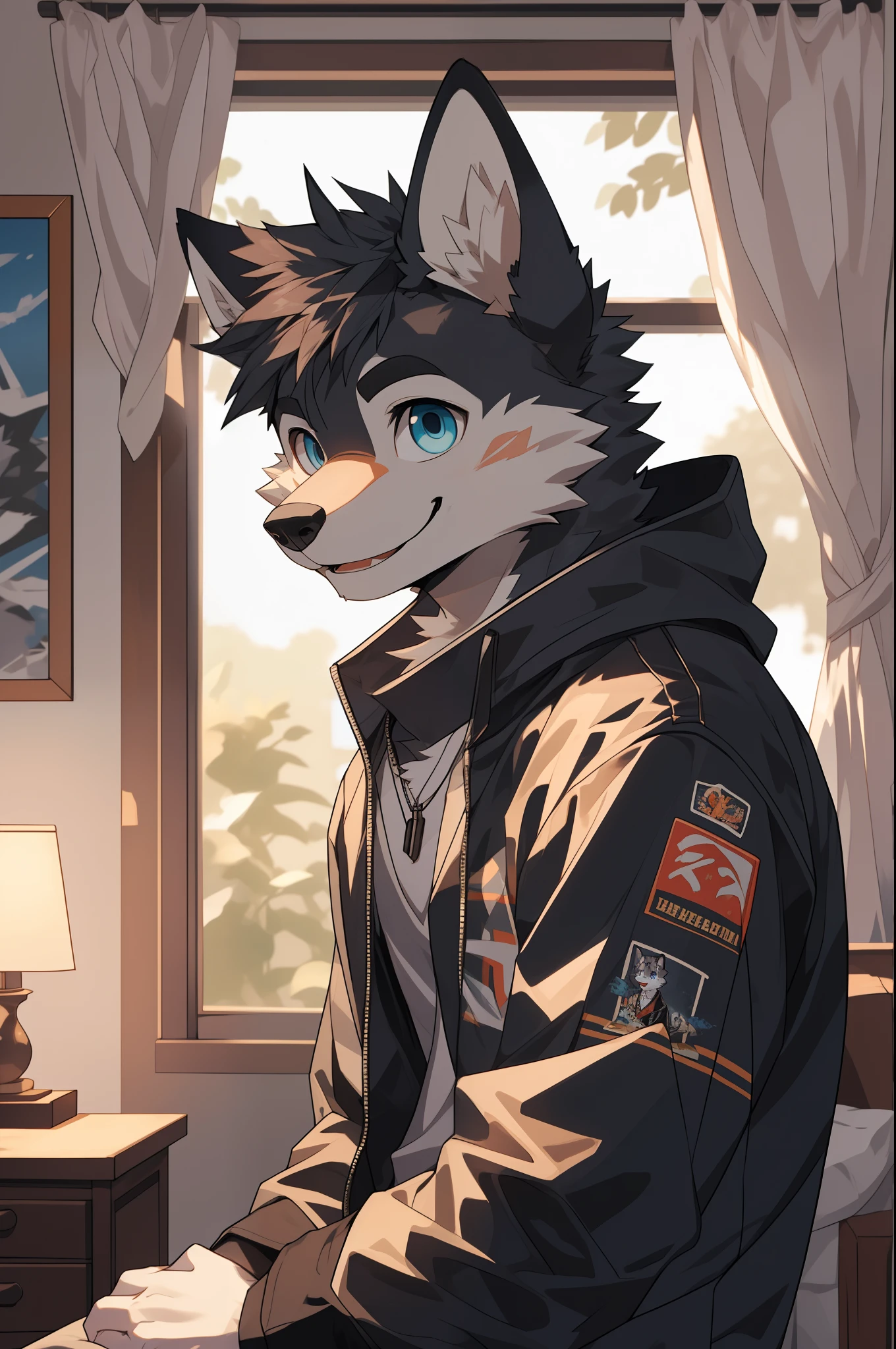 (highest resolution, Dynamic HDR, 4K, Full HD) furry, 18 years old, be happy, gray fur wolf, Tall figure, gray figure, blue eyes, black eyebrows, Random clothes, A smile on his face., bedroom, upper body, handsome, round_cornea, Nerd, Dark face, warm