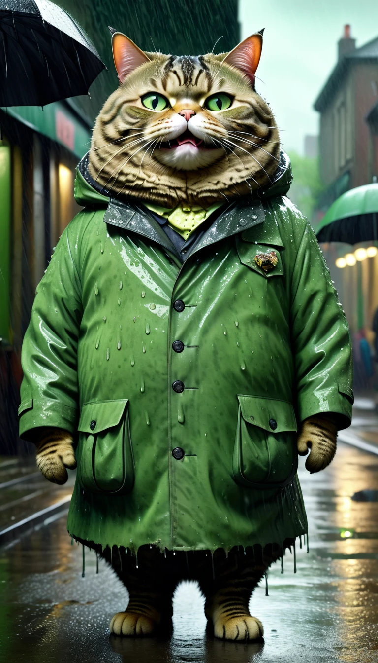photorealistic portrait of dressed animals - a ((fat)) ((cat)) ((green)) high quality,(creepy smile),(dirty),intricate details, (the heavy rain wets him), Very detailed ((very torn coat)), soft lighting,(full body image:1.5),rainy street background,(seen from below:2.0),