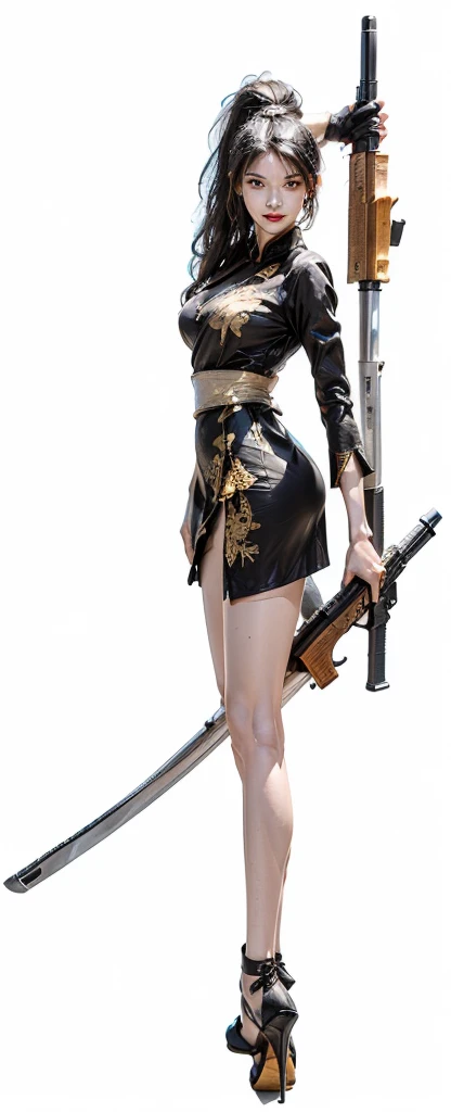 (Top quality，Ultra HD，lifelike: 1.4)(Cowboy Shooter 1)，Beautiful armed girl， (K-Pop Idol) ，Detailed face，opposition，Perfect anatomy，Smooth skin，Professional lighting， ((Wearing black and gold short qipao，Black high heels，Wear a high ponytail，Black gloves，Black cloth tied around legs)，Victory in battle，Smile of victory(background，Destroyed buildings，Fire， (Huge explosion) ) ,Full body close-up，Turn your back to the audience (Holding weapon, Holding rifle, Purposeing, Purpose:1.2), gun, H&k hk416, 马gun, Fire,