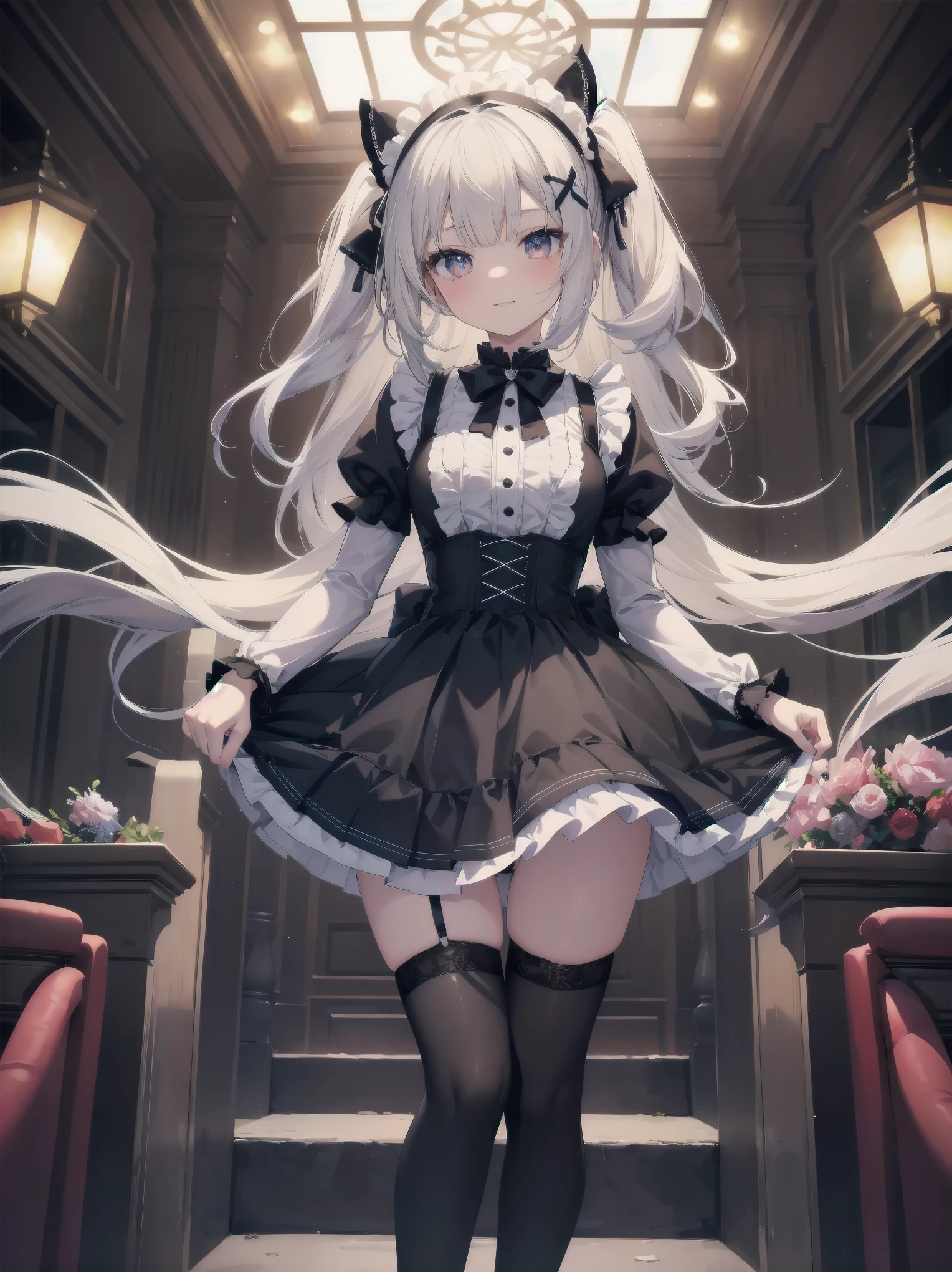 Masterpiece, Details, Solo, 1 Girl, Middle School Girl, Slender, , Fluffy Girlishly Cute and Stylish Attire, Fururu, Lace, Gothic Lolita Dress, Hair Ribbon, Smile, Black Tights, Cute Underwear, Stylish Hair, Big Eyes, Full Lips, White Catsuit, Princess Shoes, Beauty Legs, hair ribbon, hair band, pleated skirt, stirring motion, staring at you on date, sharp focus, perfect face, detailed face and eyes, dynamic, lively, shadows, colorful, mysterious, movie lighting, cute pose for model shoot