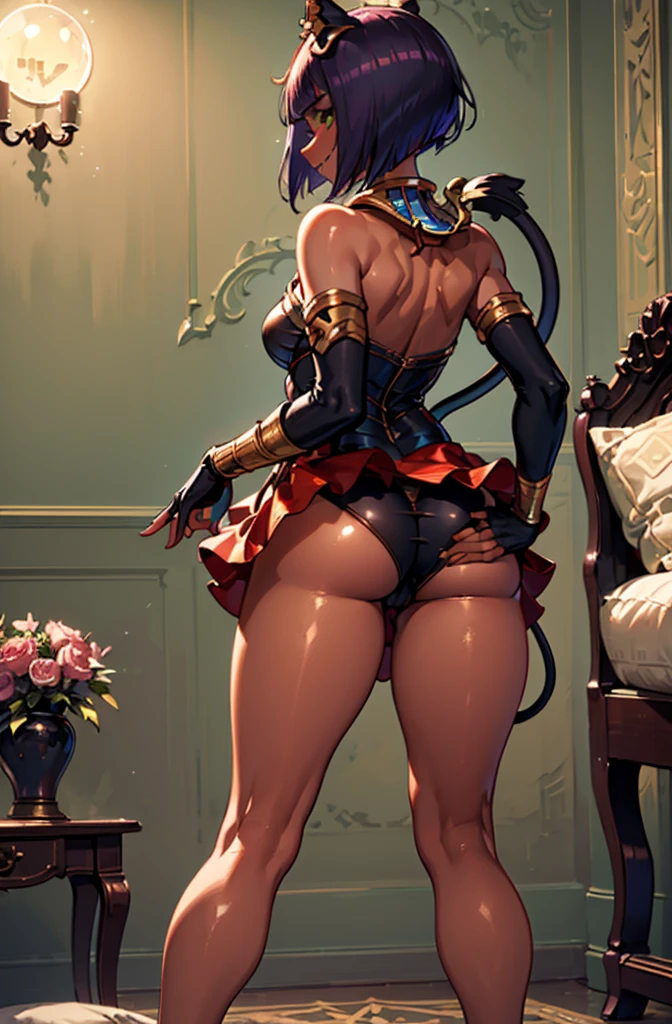 Masterpiece, best quality, absurdres, 1girl, beautiful legs, menat_holiday,  light smile, dark skin, Green eyes, egyptian, bob cut, red dress, (black hood), black gloves,(shiny thighs),, , bare shoulders,sexy thighs,(((beautiful leg))),((solo)),panty shot,evil smile,from behind,back shot,ass,ass focus,close up,in bedroom,upskirt,camel toe,tail