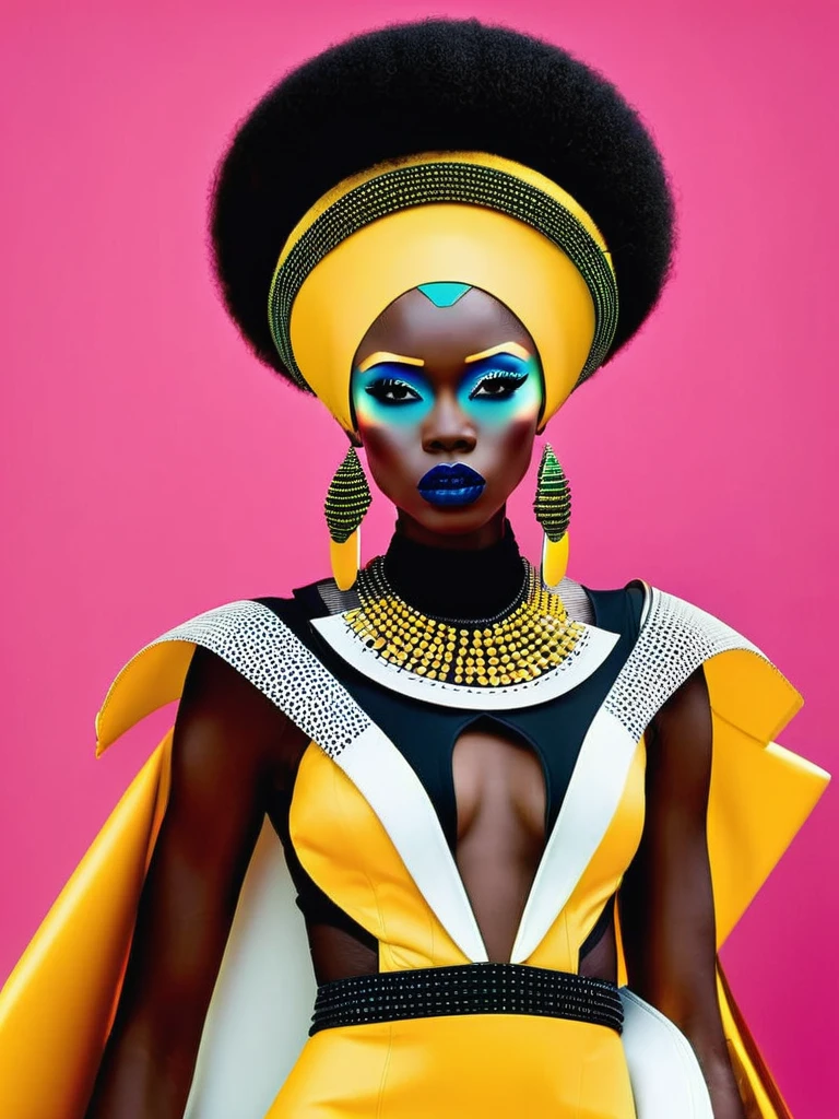 frofuturist mode photography, capturing the essence of Afrocentric style and futuristic esthétique in stunning visual Récits, mode:1.4, esthétique:1.3, Récits:1.2. , afrofuturisme