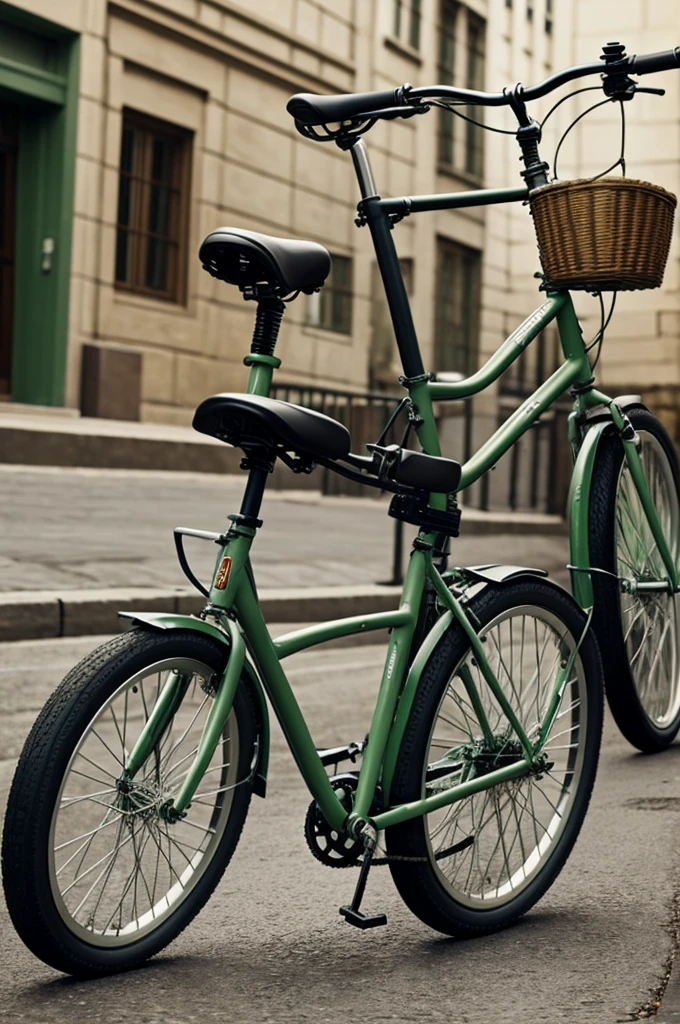 A green bike with big wheels and an space for a purse