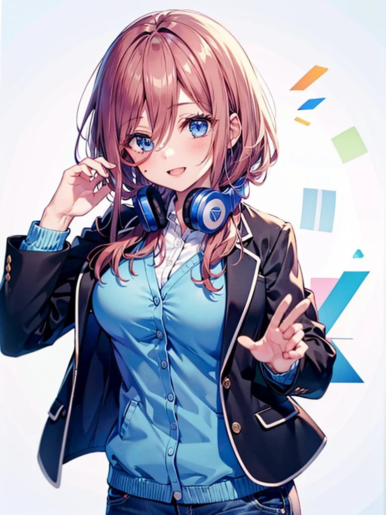 (8K, Highest quality, Highest quality, masterpiece), nm1, 1girl, headphones around neck, smile, school uniform, long sleeves, blue cardigan, denim short shorts, hose, black jacket, open jacket, big b