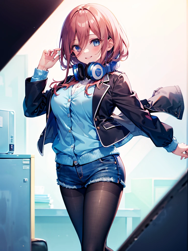(8K, Highest quality, Highest quality, masterpiece), nm1, 1girl, headphones around neck, smile, school uniform, long sleeves, blue cardigan, denim short shorts, pantyhose, black jacket, open jacket, big breasts