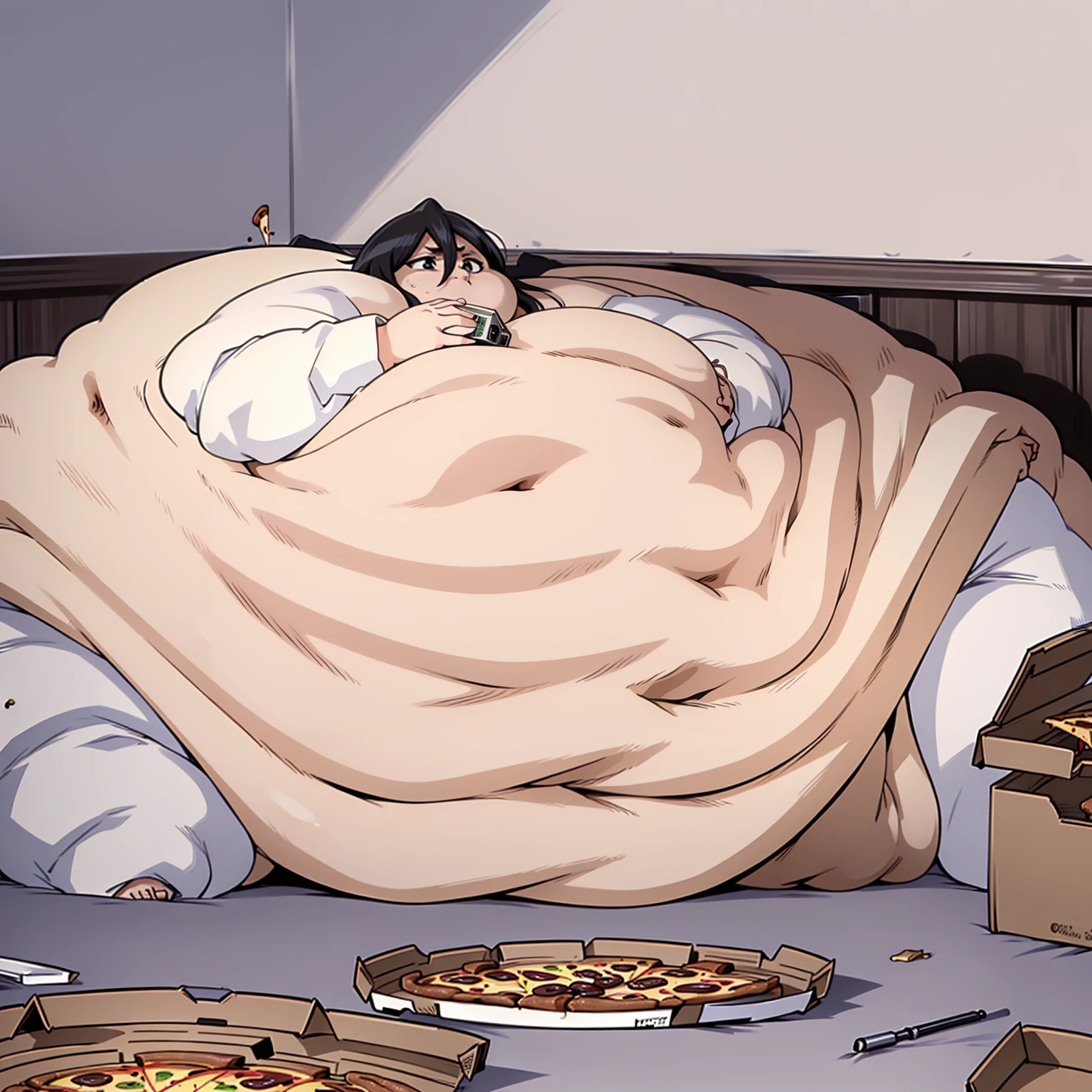 , (((small body))), (((fat))), (((naked))), (((tits))), (((nipples))),(((in a room with a lot of pizza))), (((Obese, Immobil Blob))),