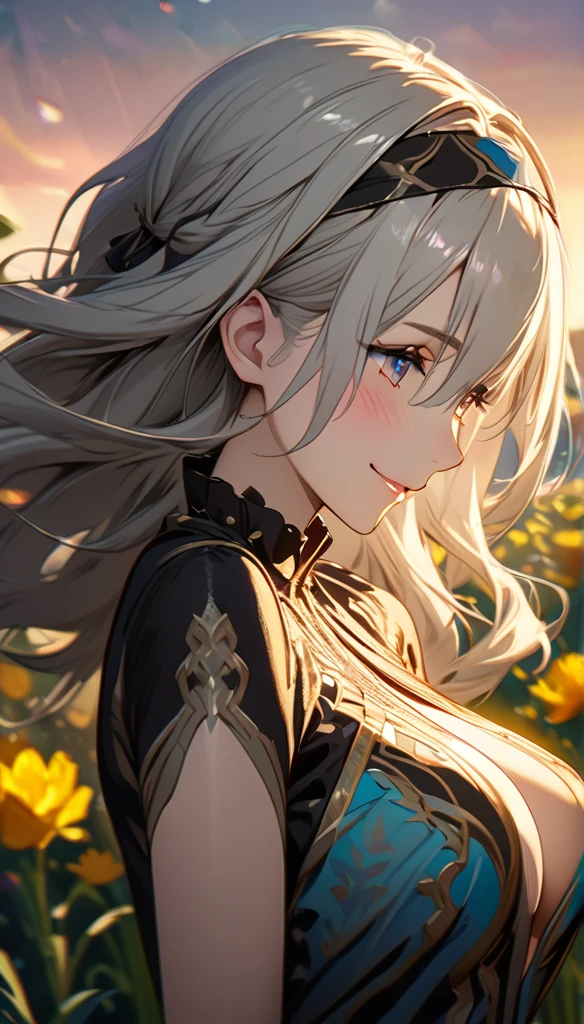 beautiful girl, long grey hair, beautiful face,smiling,close up to hips, beautiful breast, in the middle of flowers field, (open mouth:0.4),illustration,detailed textures(realists),ultra-detailed,portrait style,vivid colors,soft lighting, blushing, mature, hair fluttering, evening light , head band, ((half body)), no bra , wearing intricate dress, perky. ((side profile ))