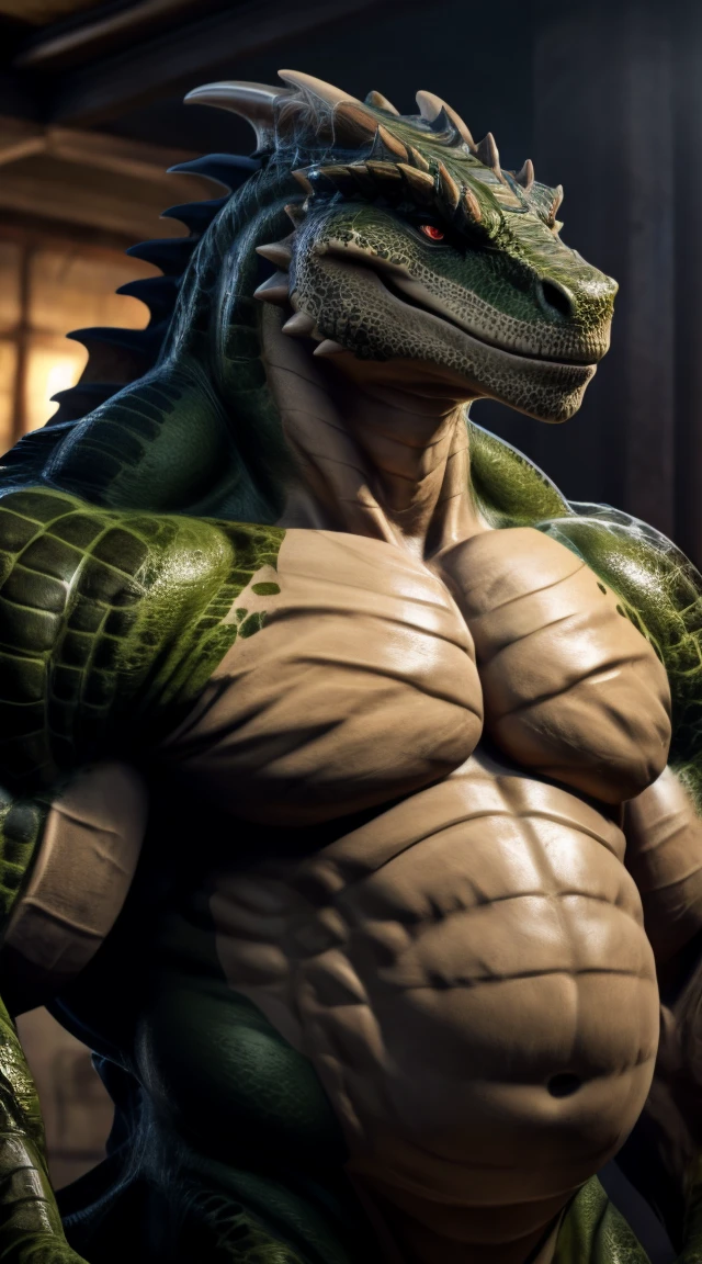 a lizardman,   ultra detailed, realist, sharp focus, vivid colors, lines of movement, huge stomach, freshly fed