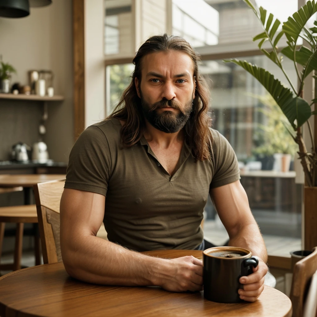 Robust man with beard in his 30s, hair on arms sensual sitting in front of a table drinking coffee and with a serious look reflecting on something serious