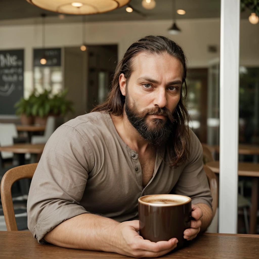 Robust man with beard in his 30s, hair on arms sensual sitting in front of a table drinking coffee and with a serious look reflecting on something serious