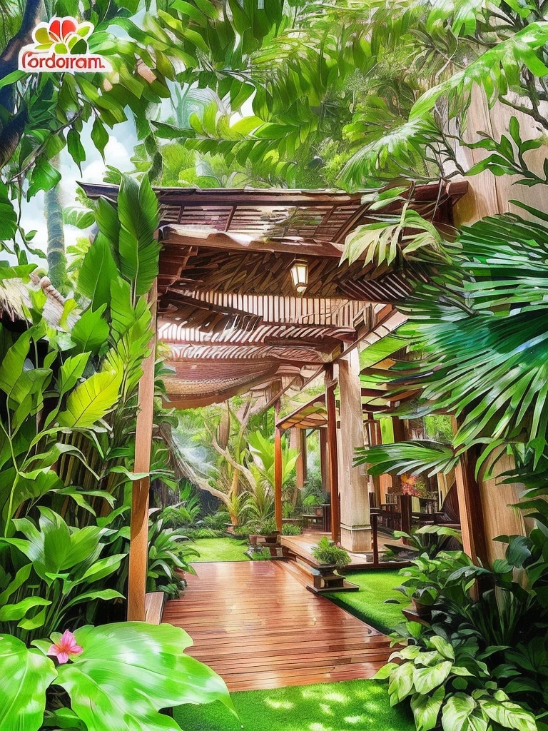 a view of a wooden walkway with a pergol roof and a wooden deck, vibrant greenery outside, lush garden surroundings, lush surroundings, tropical setting, archways made of lush greenery, lush plants and lanterns, dense with greenery, paradise garden massage, jungle setting, lush garden, lush oasis, lush garden in the background, lush and green, in a jungle environment