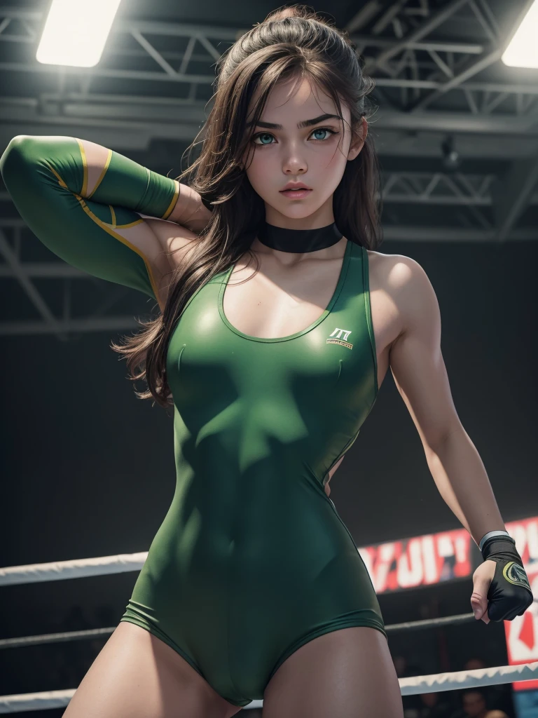 a  girl wrestler, beautiful detailed eyes, beautiful detailed lips, extremely detailed eyes and face, long eyelashes, 1girl, highschool ars old, wearingeless wrestling suit no pants, flat chest, wrestling gloves, wrestling boots, in the wrestling ring, dynamic pose, slim physique, detailed facial features, intense expression, dramatic lighting, cinematic composition, hyper realistic, 8k, ultra-detailed, masterpiece, photorealistic