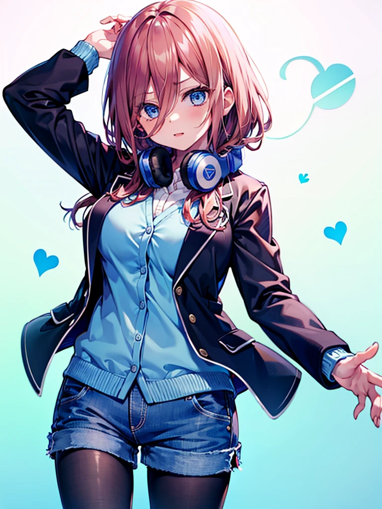 (8K, Highest quality, Highest quality, masterpiece), nm1, 1girl, headphones around neck, serious, school uniform, long sleeves, blue cardigan, denim short shorts, pantyhose, black jacket, open jacket, big breasts