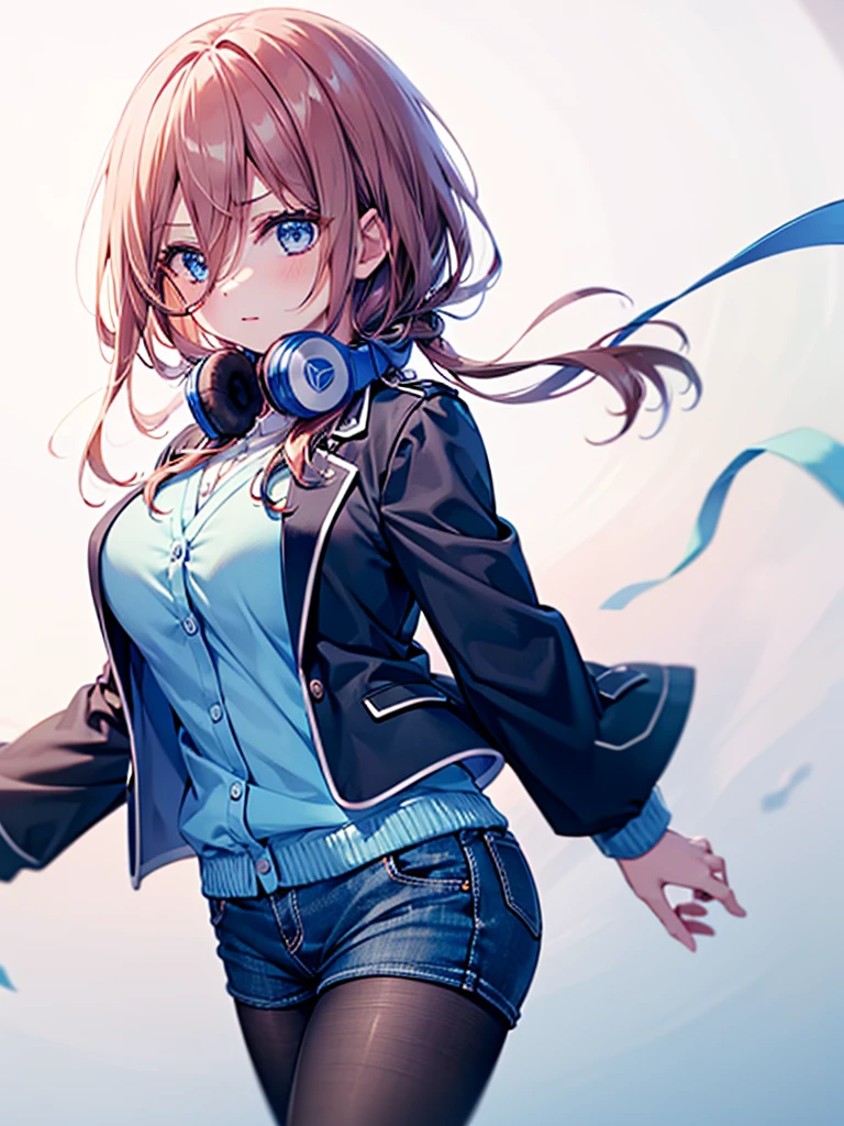 (8K, Highest quality, Highest quality, masterpiece), nm1, 1girl, headphones around neck, serious, school uniform, long sleeves, blue cardigan, denim short shorts, pantyhose, black jacket, open jacket, big breasts