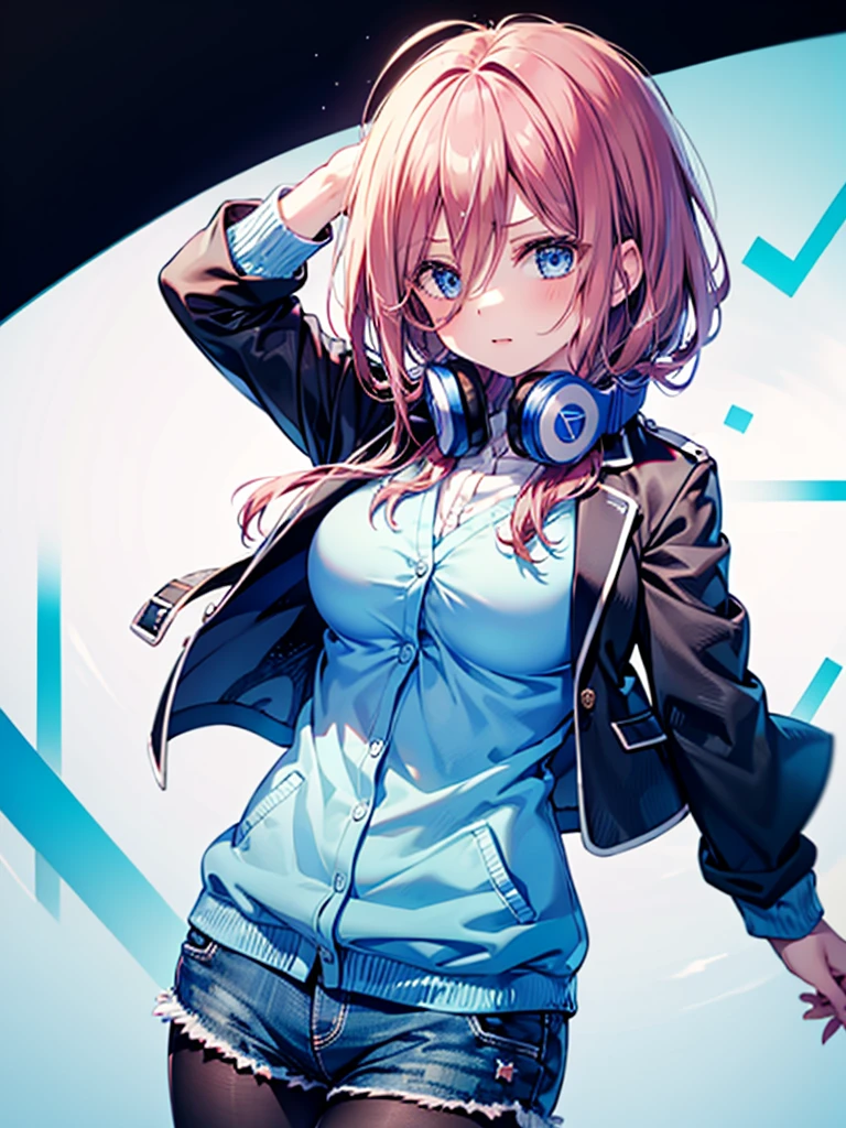 (8K, Highest quality, Highest quality, masterpiece), nm1, 1girl, headphones around neck, serious, school uniform, long sleeves, blue cardigan, denim short shorts, pantyhose, black jacket, open jacket, big breasts
