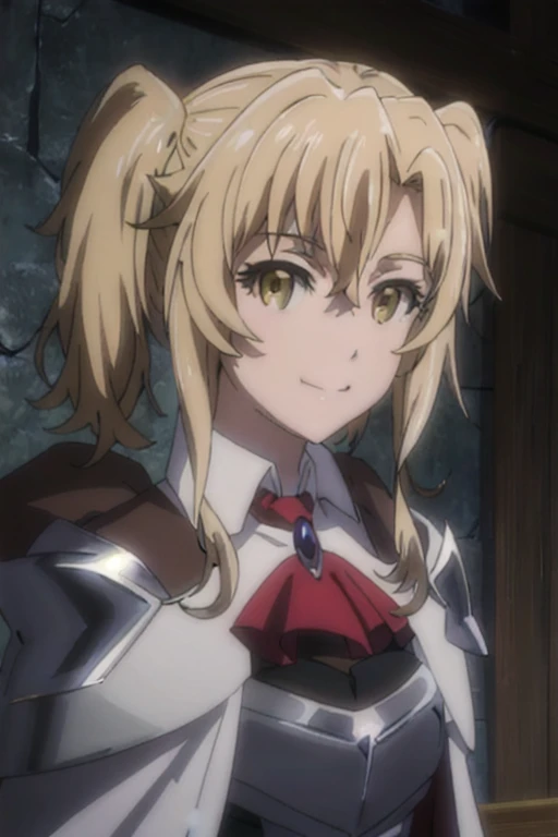 GoblinSlayer, NobleFencer, solo, girl1, looking at viewer, smile, long sleeves, brown eyes, cape, armor, shoulder armor, portrait, red ascot,