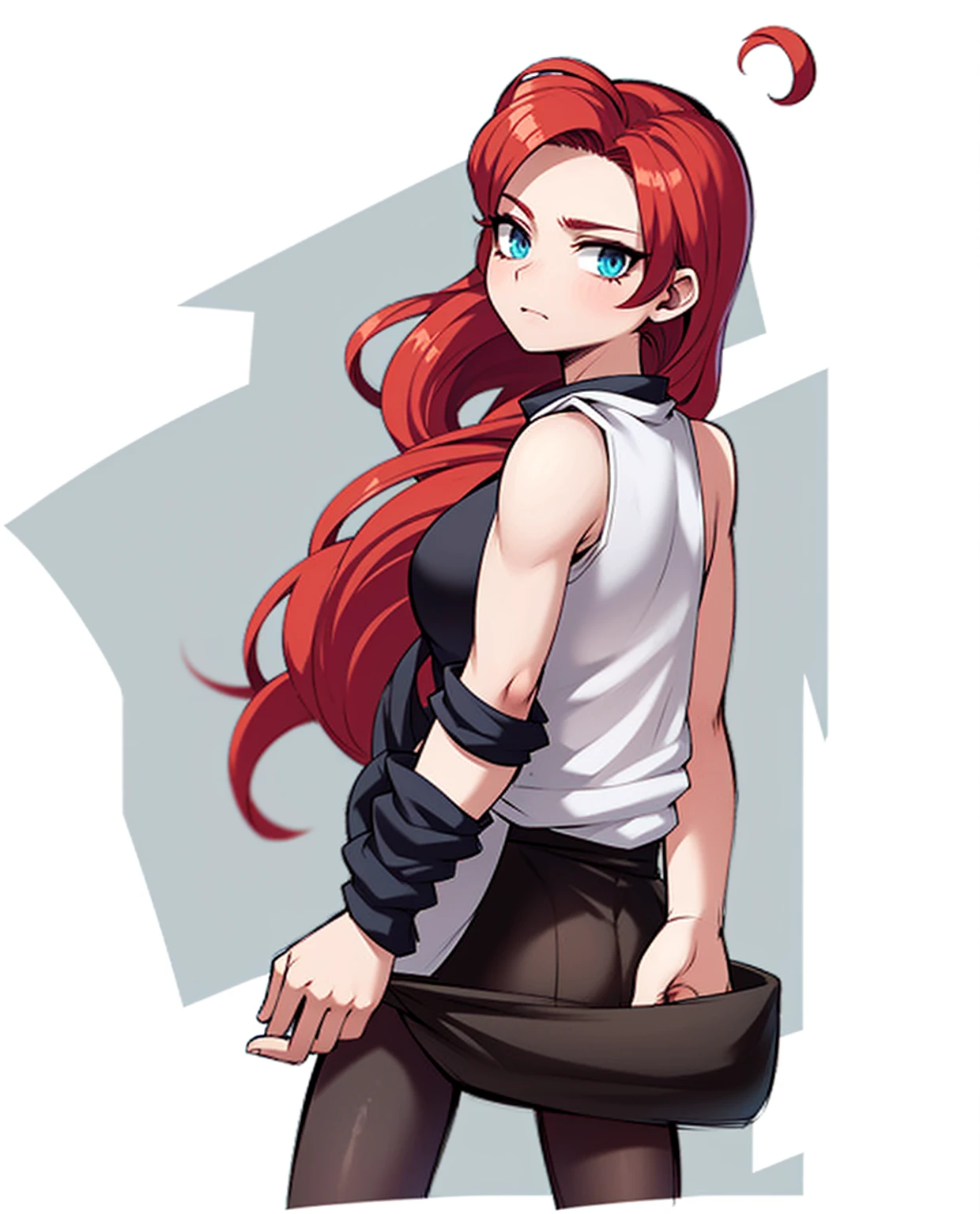 Tall girl with long red hair with cat ears wears a dark blue sleeveless t-shirt and has semi-loose black pants, has a light blue scarf around her waist, has semi-marked muscles and large breasts, wide hips and has a tail. of a pink cat with a tender expression and hazel eyes
