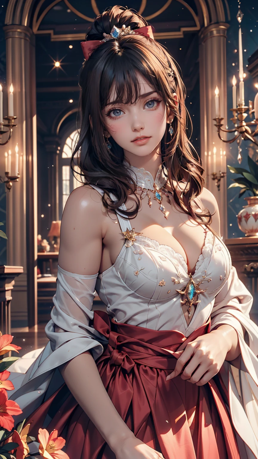 Dramatic composition, Court-style dress, Royal, nice, カスケードFrills, Frills, bow, Crystal Chandelier, Roman Curly Hairstyles, to place, Drill-like double ponytail, Looking at the camera, bangs, Maximalism, Palace-like background, Delicate depiction of hair and eyes, Princess Dress, nice skirts, Flowers in hands, smile, Starry Eyes, Cinematic Light, Attention to detail, High resolution, Happy girl, Very long hair, diamond, broken diamond, Crystal Fragment, Particles of light、Sexy proportions、Sexy、Narrow waist