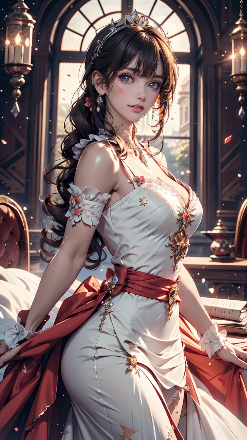 Dramatic composition, Court-style dress, Royal, nice, カスケードFrills, Frills, bow, Crystal Chandelier, Roman Curly Hairstyles, to place, Drill-like double ponytail, Looking at the camera, bangs, Maximalism, Palace-like background, Delicate depiction of hair and eyes, Princess Dress, nice skirts, Flowers in hands, smile, Starry Eyes, Cinematic Light, Attention to detail, High resolution, Happy girl, Very long hair, diamond, broken diamond, Crystal Fragment, Particles of light、Sexy proportions、Sexy、Narrow waist