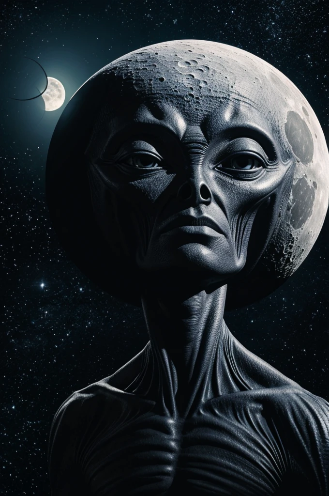 Drawing of an alien in front of a moon 