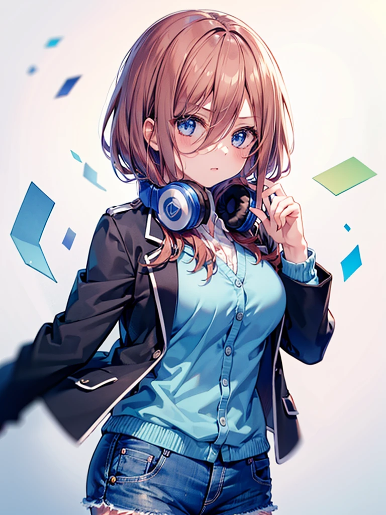 (8K, Highest quality, Highest quality, masterpiece), nm1, 1girl, headphones around neck, serious, school uniform, long sleeves, blue cardigan, denim short shorts, pantyhose, black jacket, open jacket, big breasts