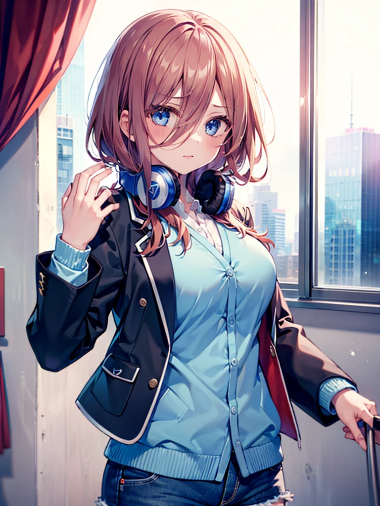 (8K, Highest quality, Highest quality, masterpiece), nm1, 1girl, headphones around neck, sleeping, school uniform, long sleeves, blue cardigan, denim short shorts, pantyhose, black jacket, open jacket, big breasts