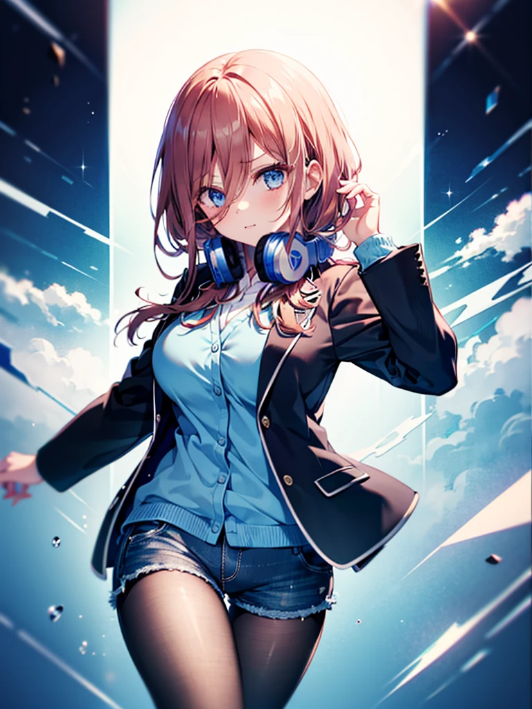 (8K, Highest quality, Highest quality, masterpiece), nm1, 1girl, headphones around neck, serious, school uniform, long sleeves, blue cardigan, denim short shorts, pantyhose, black jacket, open jacket, big breasts