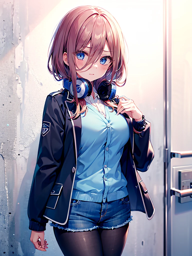 (8K, Highest quality, Highest quality, masterpiece), nm1, 1girl, headphones around neck, serious, school uniform, long sleeves, blue cardigan, denim short shorts, pantyhose, black jacket, open jacket, big breasts]