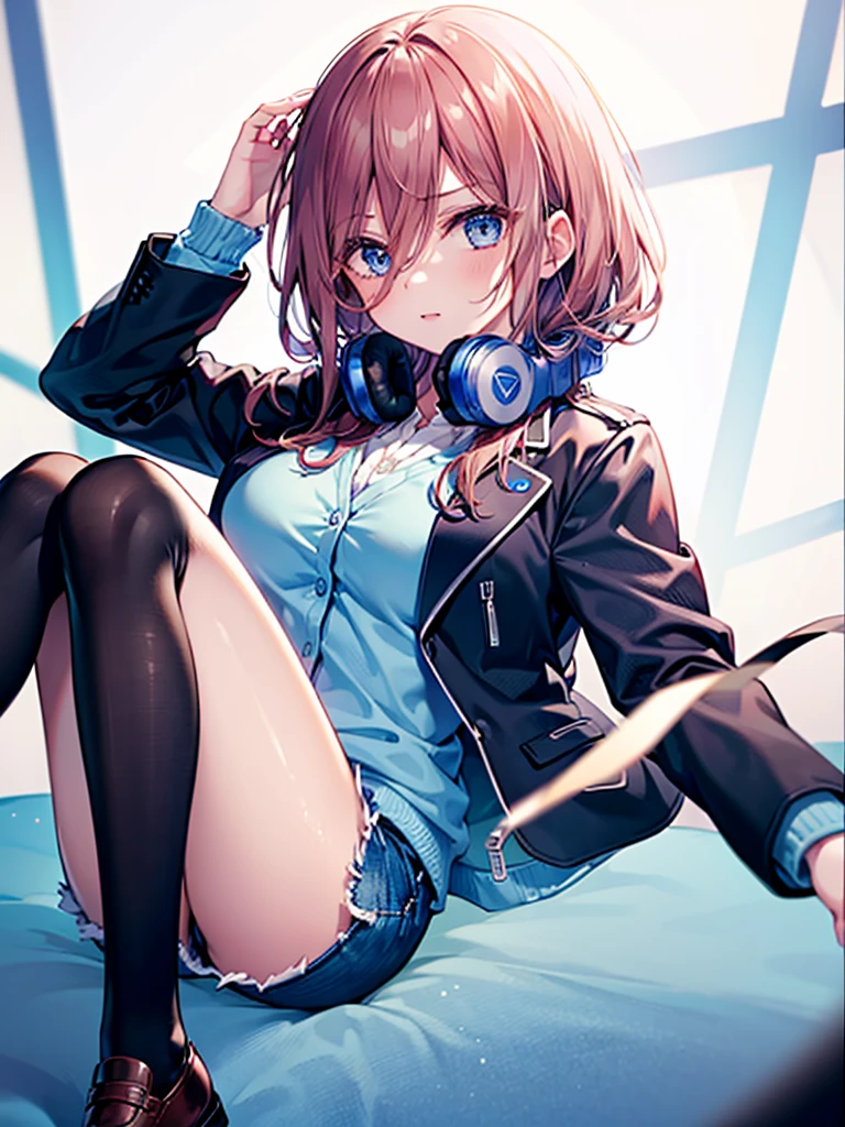 (8K, Highest quality, Highest quality, masterpiece), nm1, 1girl, headphones around neck, serious, school uniform, long sleeves, blue cardigan, denim short shorts, pantyhose, black jacket, open jacket, big breasts]