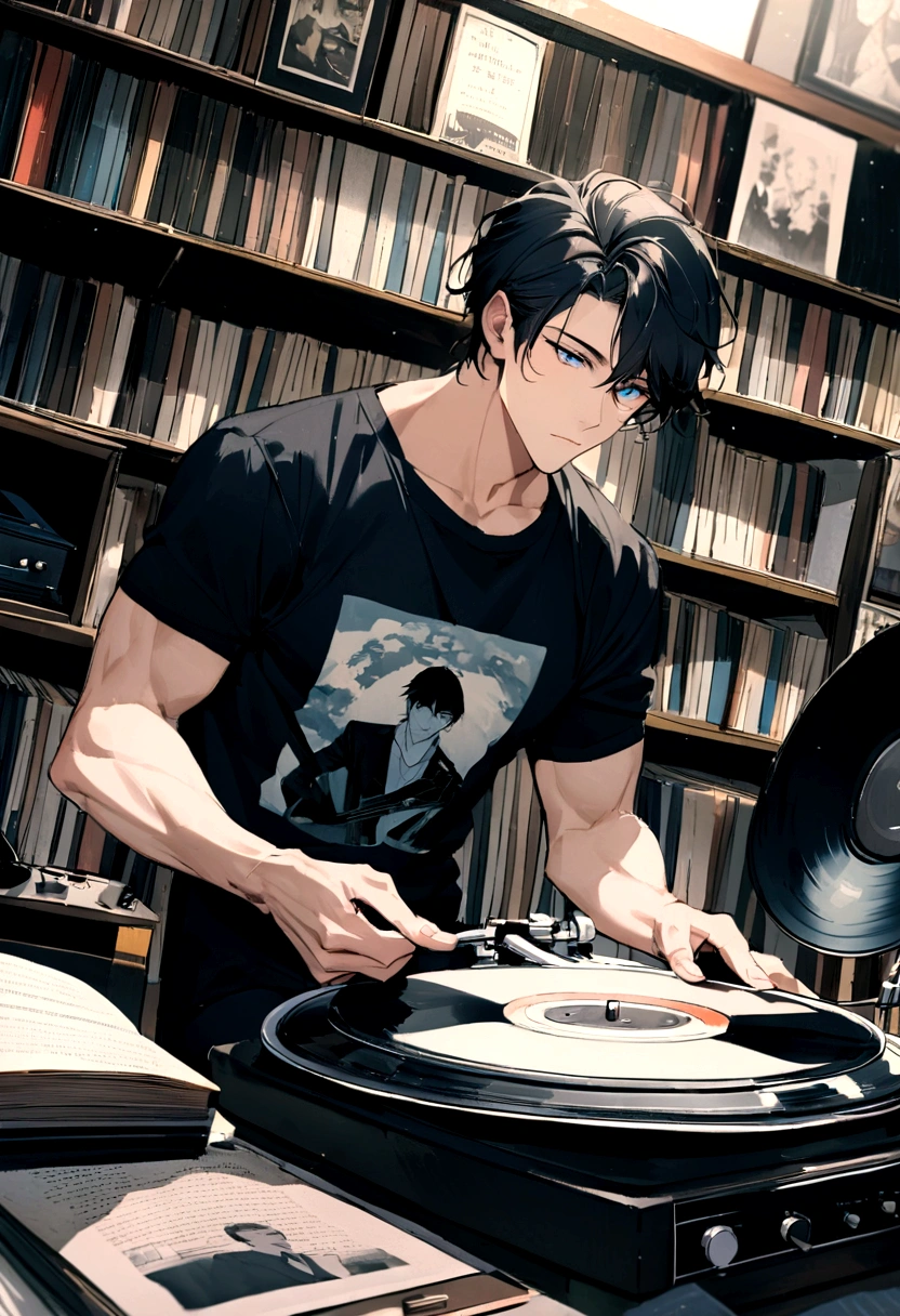 Photo taken from a comfortable angle In a vintage record store with a record player.,manuscript,Wear a t-shirt and you'll have muscles.., man,manอายุ 27 ปี ,handsome,short hair,black hair , blue eyes , Sit and listen to music
