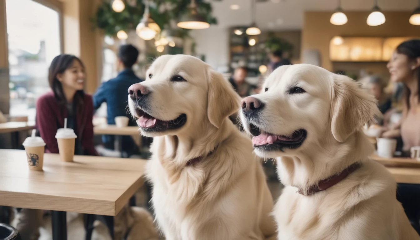 Interior of a bustling dog cafe, bright and warm lighting. Center focus: a happy Golden Retriever wagging its tail enthusiastically. The dog is surrounded by diverse cafe patrons (mix of ages and genders) sitting at tables or standing nearby. All customers are smiling and looking at the Golden Retriever with joy and affection. Some are reaching out to pet the dog. Cafe decor includes dog-themed artwork and comfortable seating. Perspective: eye-level view to capture both the dog and the customers' expressions. Style: Realistic with soft, warm colors to emphasize the cozy atmosphere.