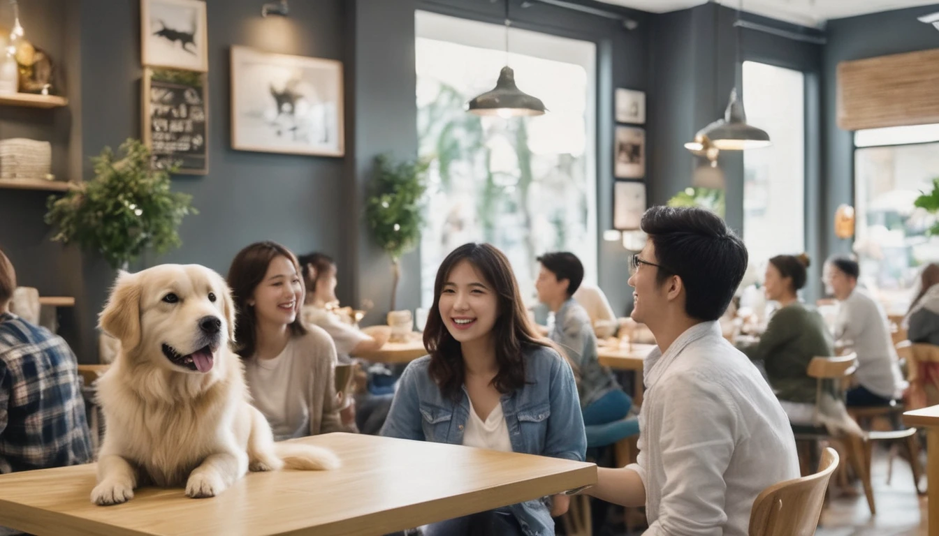 Interior of a bustling dog cafe, bright and warm lighting. Center focus: a happy Golden Retriever wagging its tail enthusiastically. The dog is surrounded by diverse cafe patrons (mix of ages and genders) sitting at tables or standing nearby. All customers are smiling and looking at the Golden Retriever with joy and affection. Some are reaching out to pet the dog. Cafe decor includes dog-themed artwork and comfortable seating. Perspective: eye-level view to capture both the dog and the customers' expressions. Style: Realistic with soft, warm colors to emphasize the cozy atmosphere.