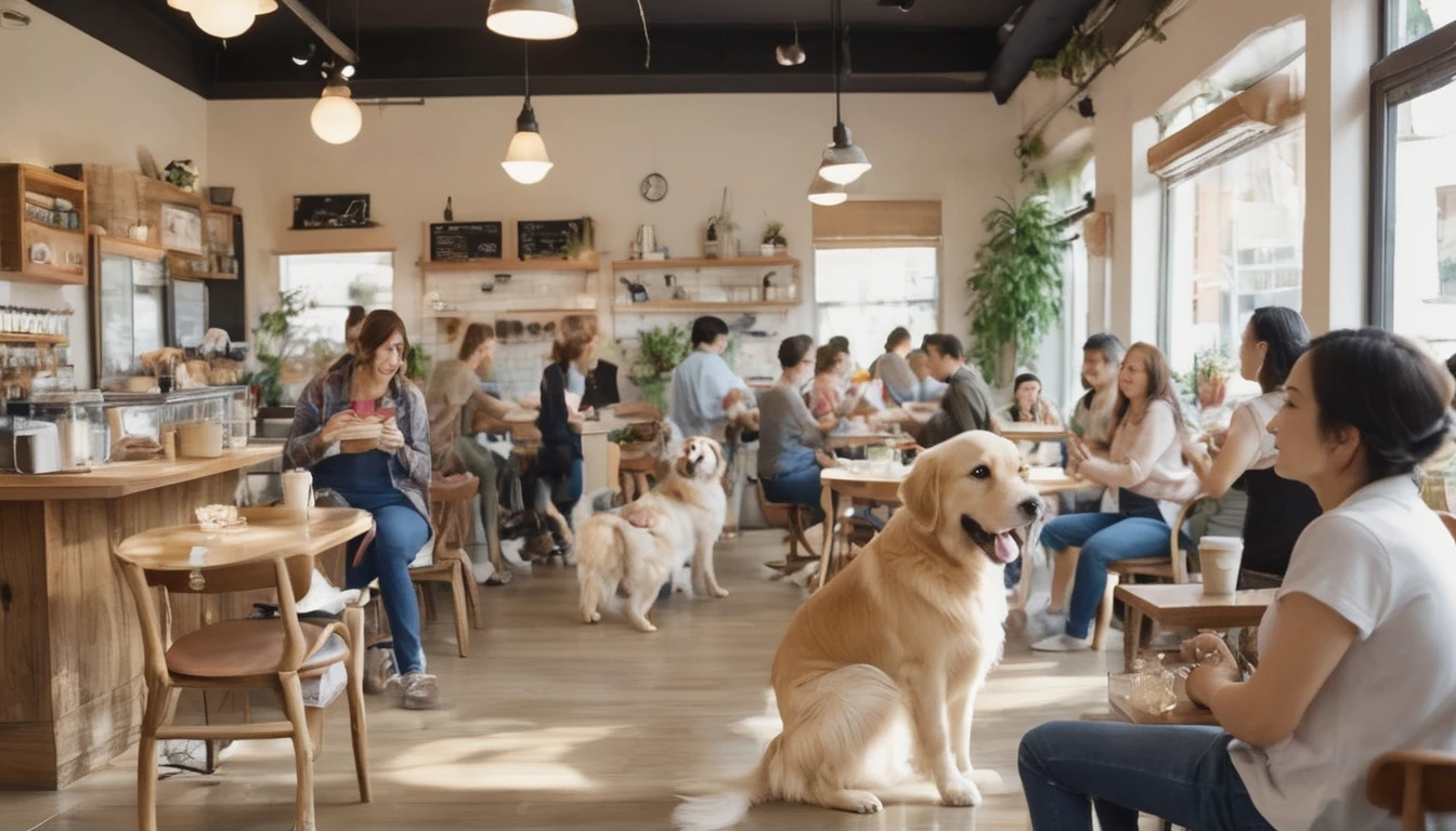 Interior of a bustling dog cafe, bright and warm lighting. Center focus: a happy Golden Retriever wagging its tail enthusiastically. The dog is surrounded by diverse cafe patrons (mix of ages and genders) sitting at tables or standing nearby. All customers are smiling and looking at the Golden Retriever with joy and affection. Some are reaching out to pet the dog. Cafe decor includes dog-themed artwork and comfortable seating. Perspective: eye-level view to capture both the dog and the customers' expressions. Style: Realistic with soft, warm colors to emphasize the cozy atmosphere.