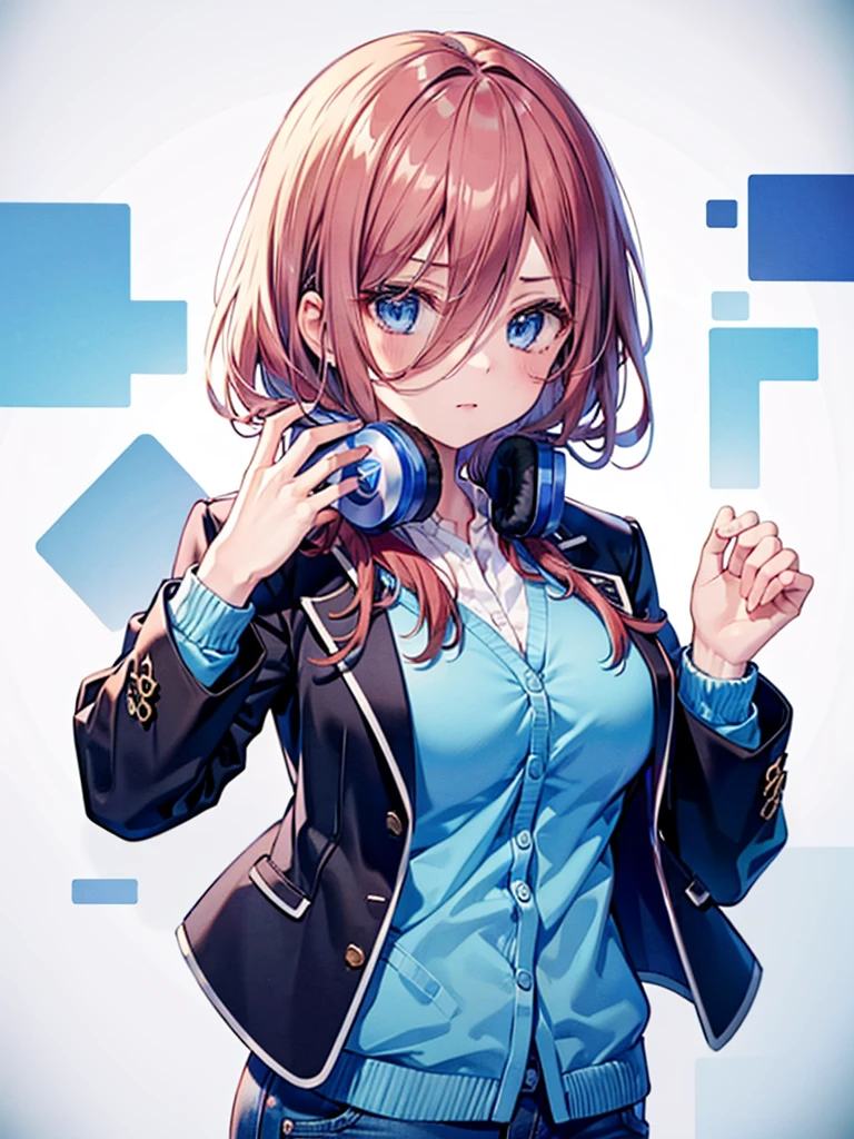 (8K, Highest quality, Highest quality, masterpiece), nm1, 1girl, headphones around neck, serious, school uniform, long sleeves, blue cardigan, denim short shorts, pantyhose, black jacket, open jacket, big breasts