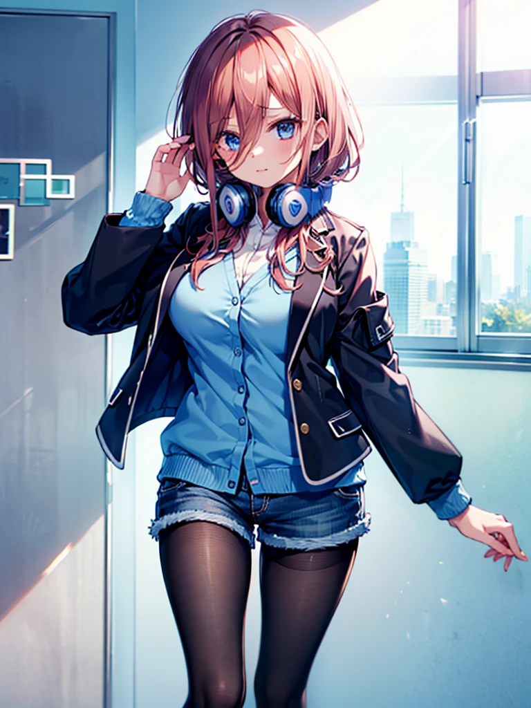 (8K, Highest quality, Highest quality, masterpiece), nm1, 1girl, headphones around neck, serious, school uniform, long sleeves, blue cardigan, denim short shorts, pantyhose, black jacket, open jacket, big breasts