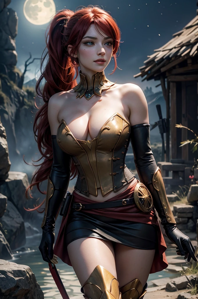 stunning girlfriend, heart shaped face, elegant face, beautiful face, highly detailed face, highly detailed skin, skin pores, subsurface scattering, realistic pupils, full lips, detailed background, depth of field, atmospheric perspective, volumetric lighting, sharp focus, absurdres, realistic proportions, good anatomy, (realistic, hyperrealistic:1.4), 16k hdr, ((best quality)), ((highly detailed)), absurdres, (detailed eyes, deep eyes), (1girl), full body, pyrrha nikos, rwby, red hair, ponytail, green eyes, medium breasts, smile, circlet, bustier, bare shoulders, skirt, elbow gloves, bracers, armored boots, night, stars, moonlight, standing, in entrance to cave, underground lake, rocks, crowd