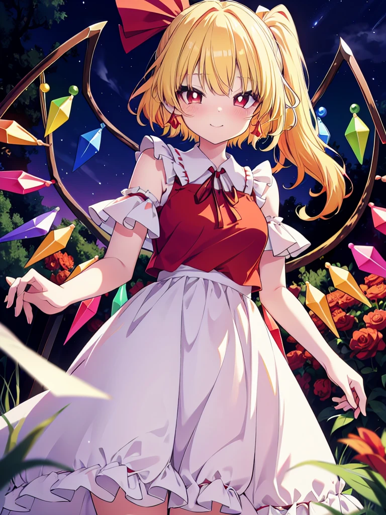 (cowboy shot), (colorful:1.1), vibrant color, (ultra-high resolution, depth of field:1.2), Touhou project, (Flandre scarlet), (1woman), in her 20s, (medium breasts:1.4), (red eyes), white pupils, (blonde hair), ponytail, (bangs), red ribbon, (white sundress:1.4), frills, off shoulder, long skirt, seductive smile, (grinning), squinting eyes, garden scenery, night