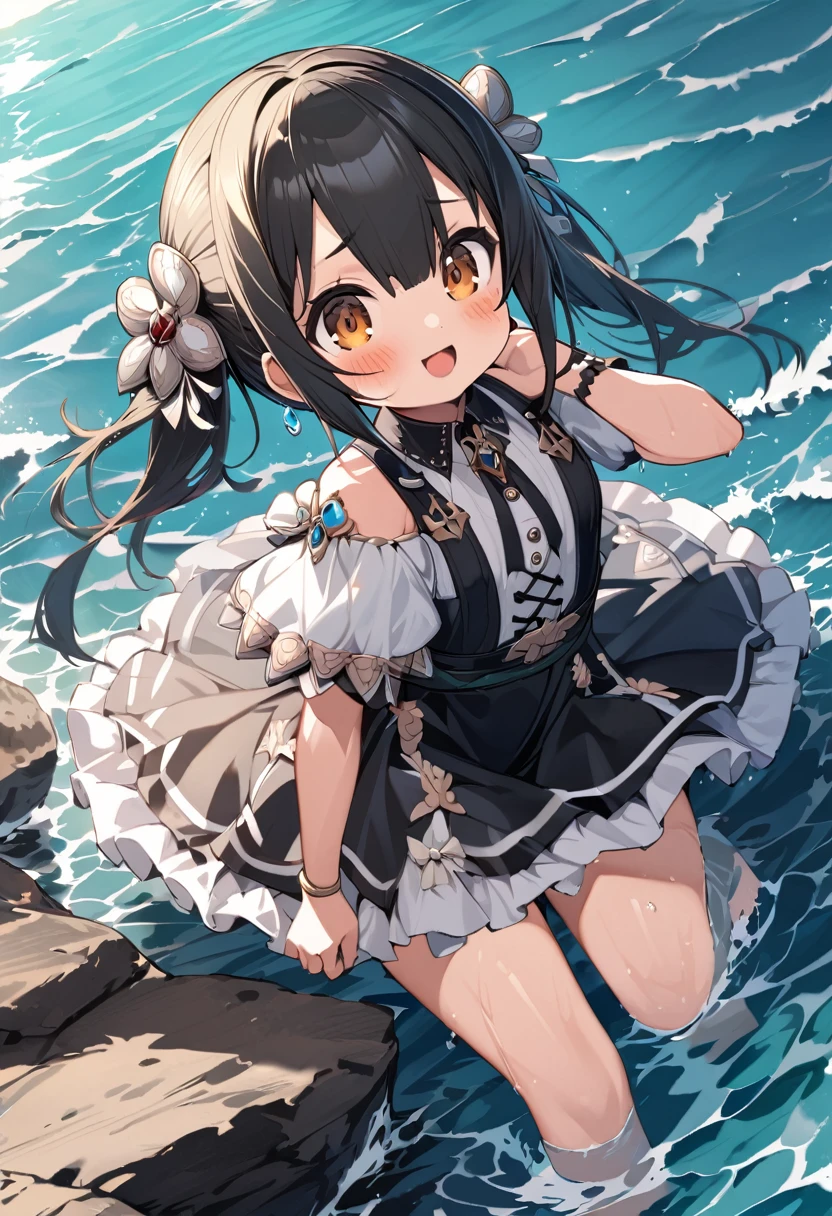 ((masterpiece、4K、8K、highest quality: 1.perfect fingers: 1.perfect anatomy: 1.3、background blur))、((Super precise expression))、((、thin、small face、super beautiful girl、straight long hair))、((gossiper、Maid swimwear:1.3))、barefoot、cute eyes:1.1、(Smile with one eye closed:1.3)、(full body:1.5)、(squatting facing forward)、blue sky、Hot sunshine、white sand beach、