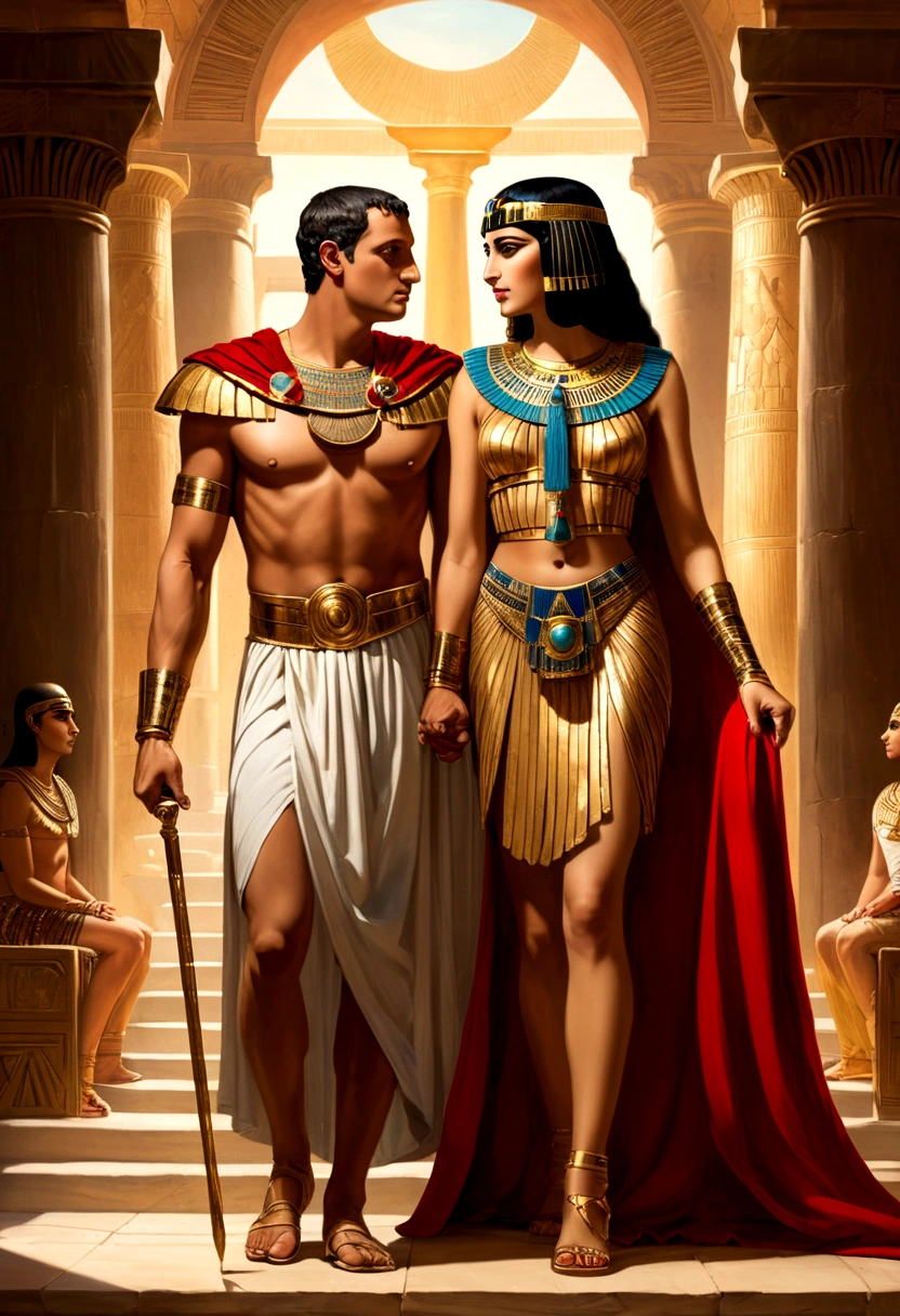 painting julius cesar emperor of rome with his iconic clothes and his red cape, Cleopatra's great love for Pharaoh of Egypt, hand in hand they are lovers, Cleopatra is beautiful in her black dress and gold jewelry.