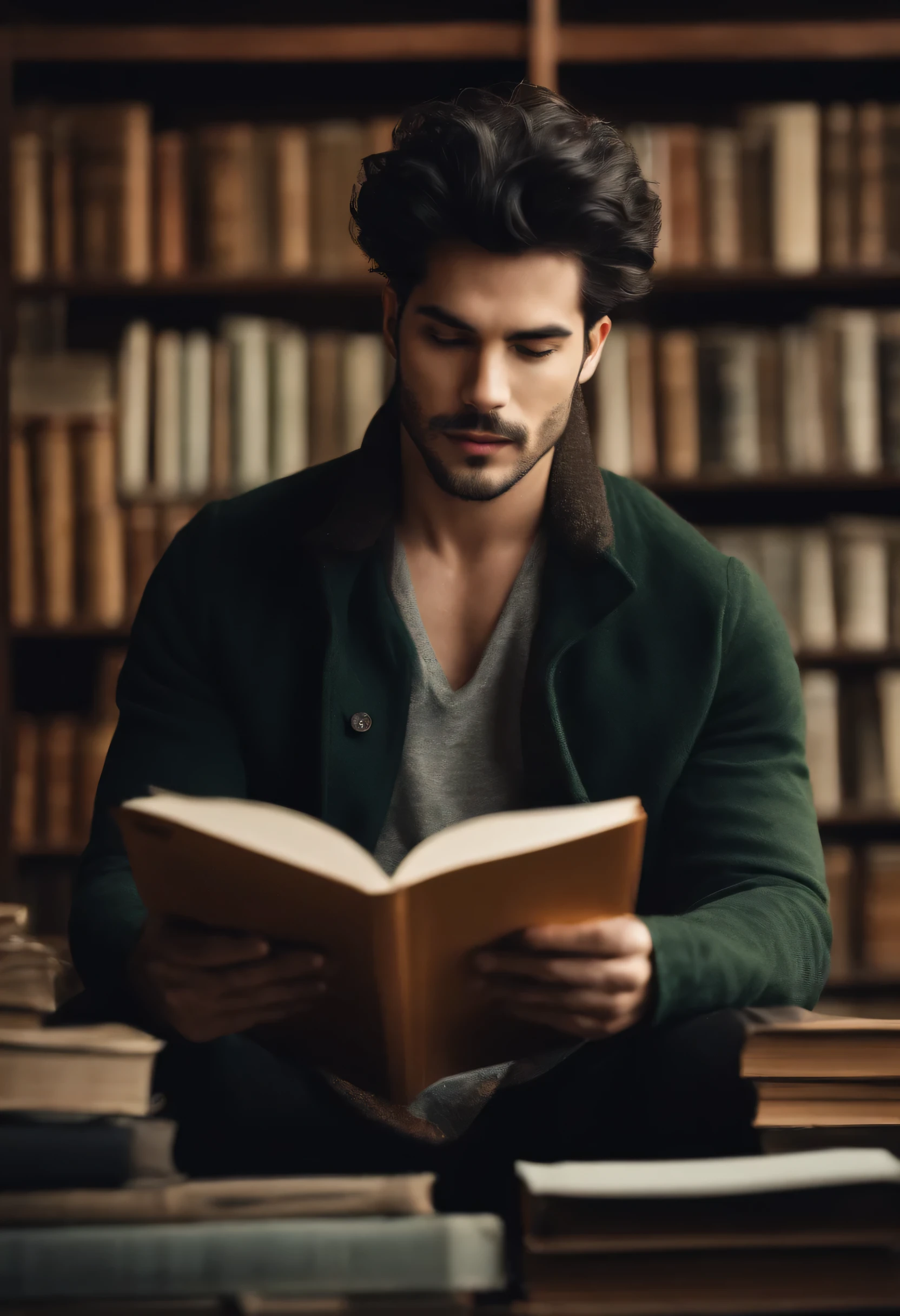 Man looking at poster,He smiled curiously, He has messy jet black hair.., Keep your head down while reading, wear fall clothes, in library, Live action style, studio photo, intricate details,