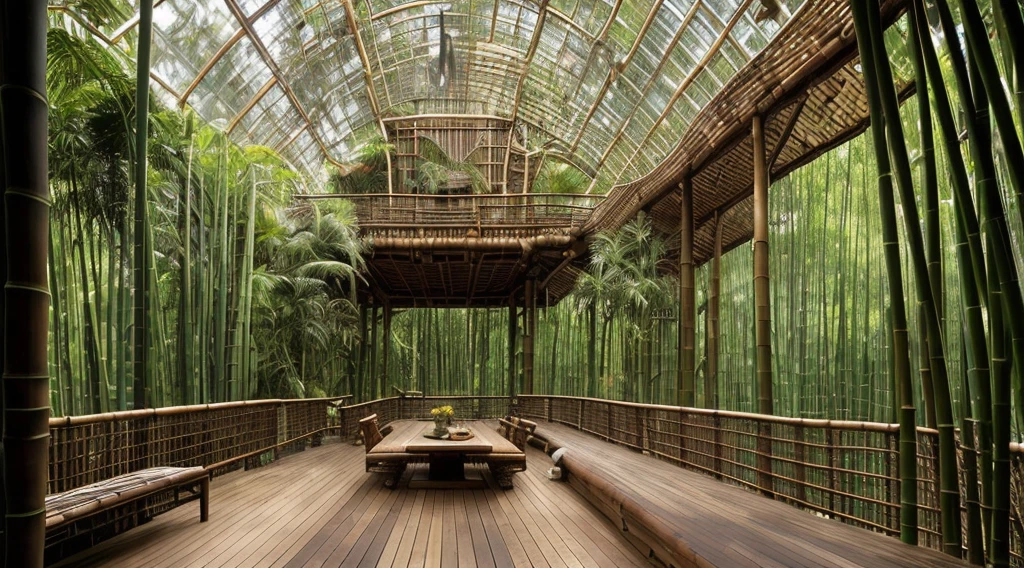 there is a wooden deck with a wooden bench and a wooden fence, rustic, wooden structures, indoor, wood, deck, bamboo huts, sustainable architecture, bamboo, vegetal architecture, by Matteo Pérez, with backdrop of natural light, by Elias Ravanetti, archdaily, floral jungle treehouse, filled with natural light, of bamboo