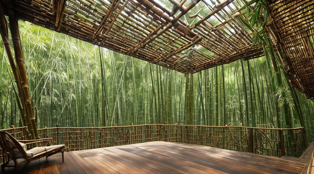 there is a wooden deck with a wooden bench and a wooden fence, rustic, wooden structures, indoor, wood, deck, bamboo huts, sustainable architecture, bamboo, vegetal architecture, by Matteo Pérez, with backdrop of natural light, by Elias Ravanetti, archdaily, floral jungle treehouse, filled with natural light, of bamboo