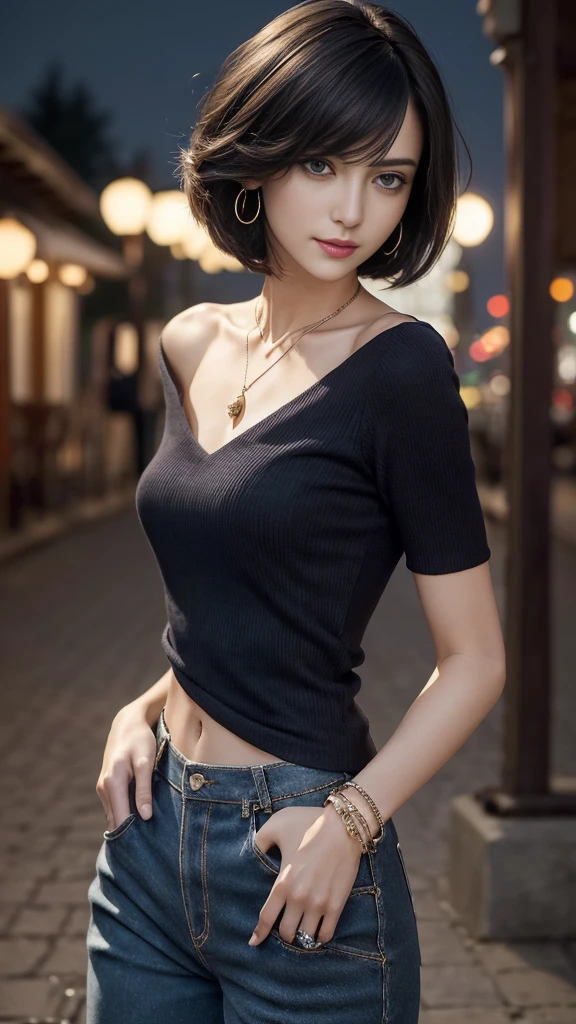 (Masterpiece, best quality, award winning, photorealistic, fashion photography :1.5), Photoshoot by DSLR camera, sharp focus, from back, close-up shot with 35mm. lens and f/1.4. A beautiful European female youth, model, ig idol, delicate face, side face, skinny, stunning slim body, big breasts, slender abs, thin waist, slim thigh and legs, beautiful eyes, no make-up, messy bob haircut. Wearing cropped corduroy top, pants, styilsh bracelet, pendant and earrings, outdoor, night time, midnight, smirking.